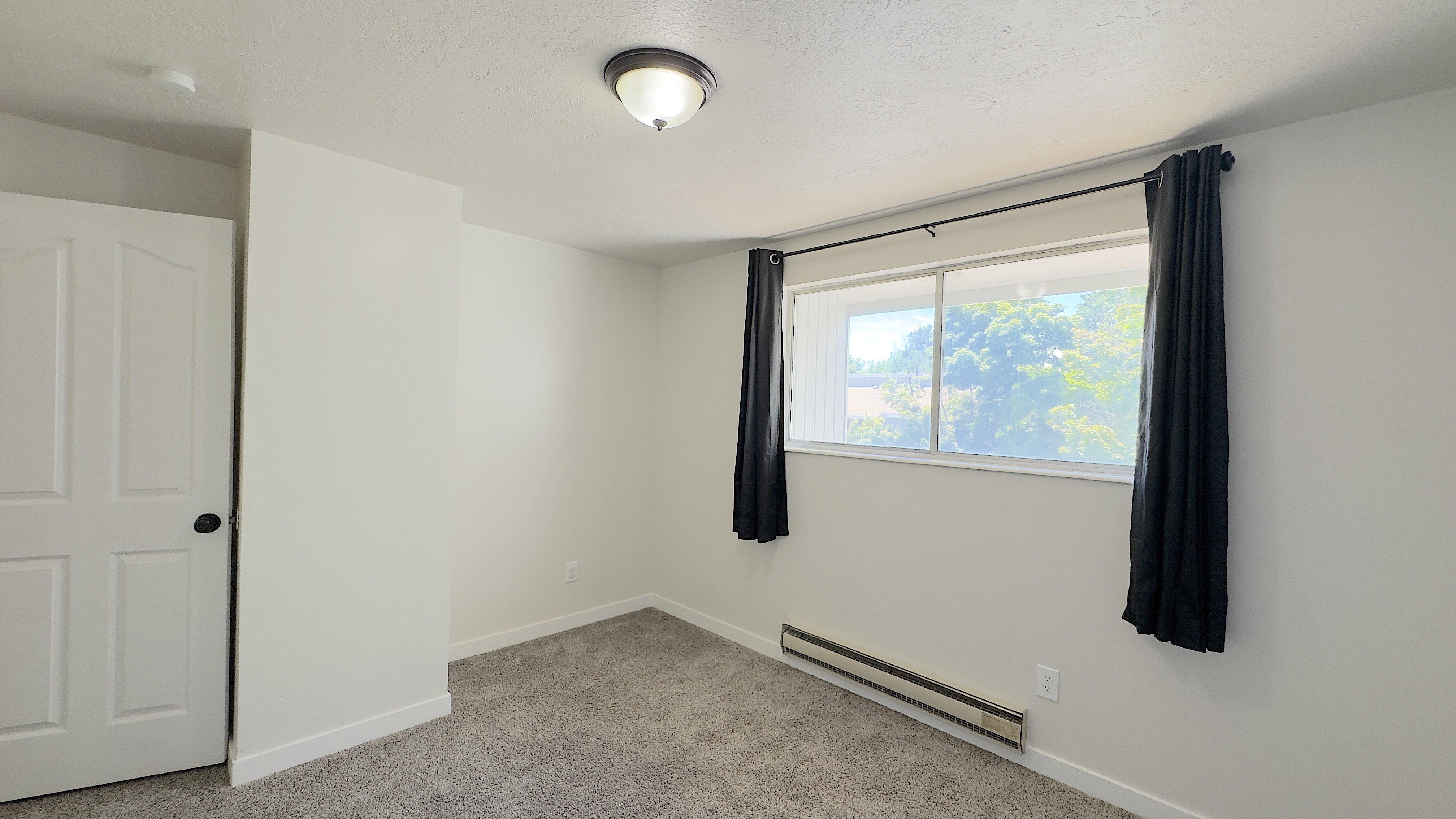 Bright interior space featuring a double window with exterior tree-lined scenery, neutral carpeting, white baseboards, and a paneled white door.
