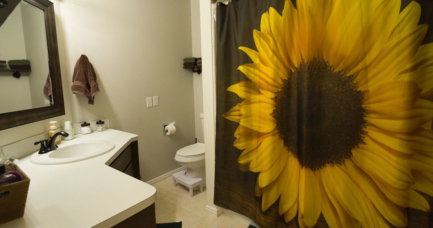 Bathroom featuring a white integrated sink, dark vanity cabinetry, a framed mirror, and a toilet