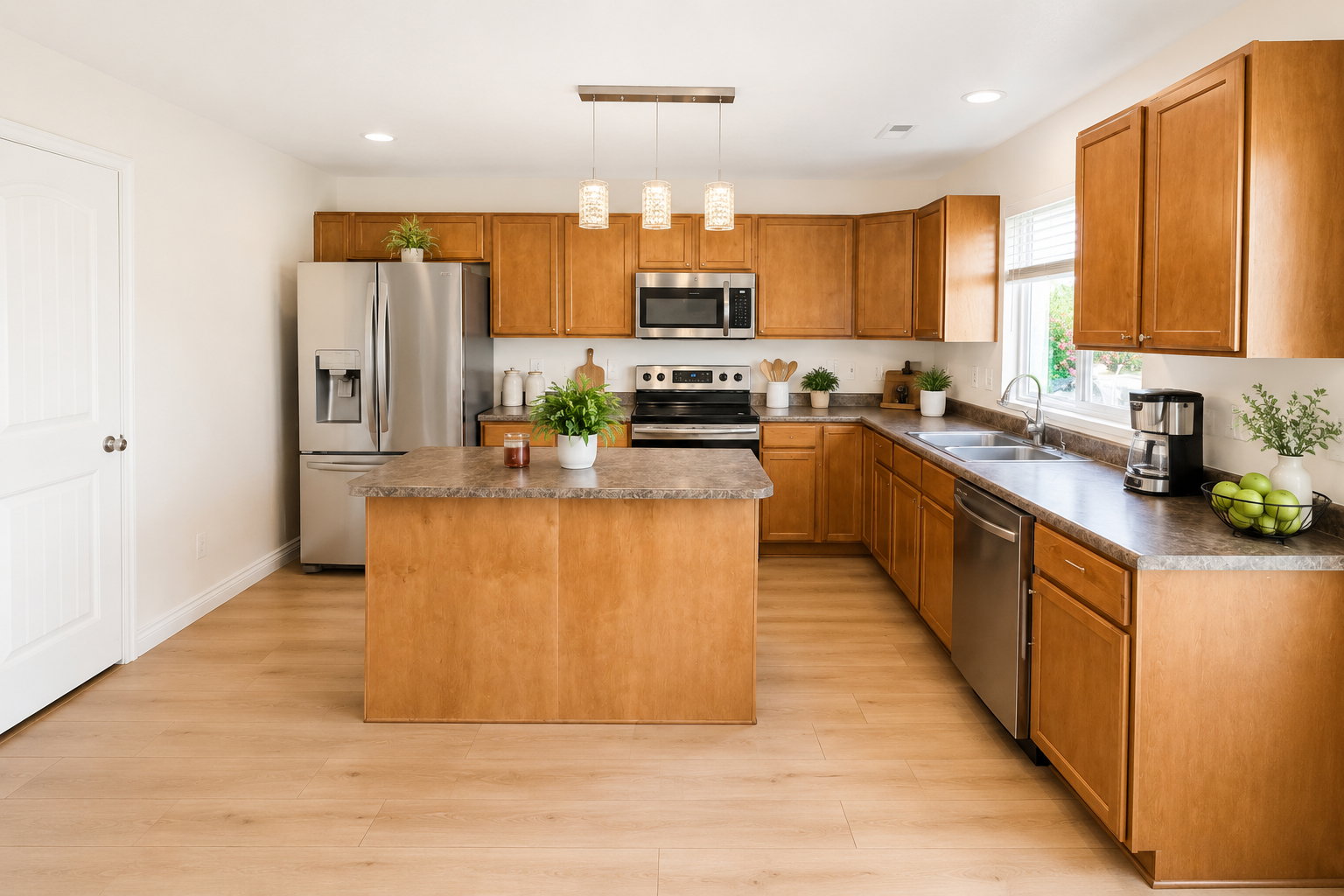 Kitchen featuring a central island with a stone-finish countertop, stainless steel appliances, wood-finish cabinetry, wood-finish flooring, and recessed lighting