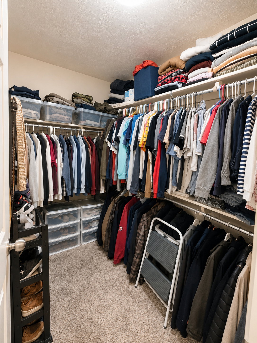 Walk-in closet featuring carpet flooring, built-in shelving, and multiple hanging rods
