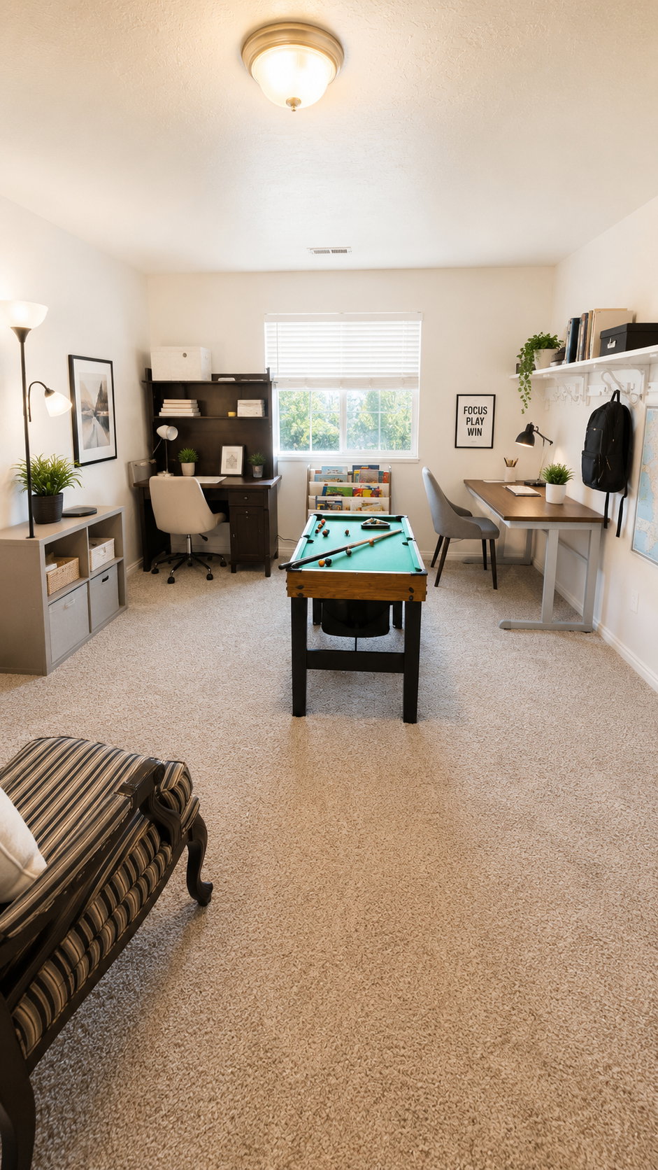 Spacious room with plush carpeting and a central window providing natural light