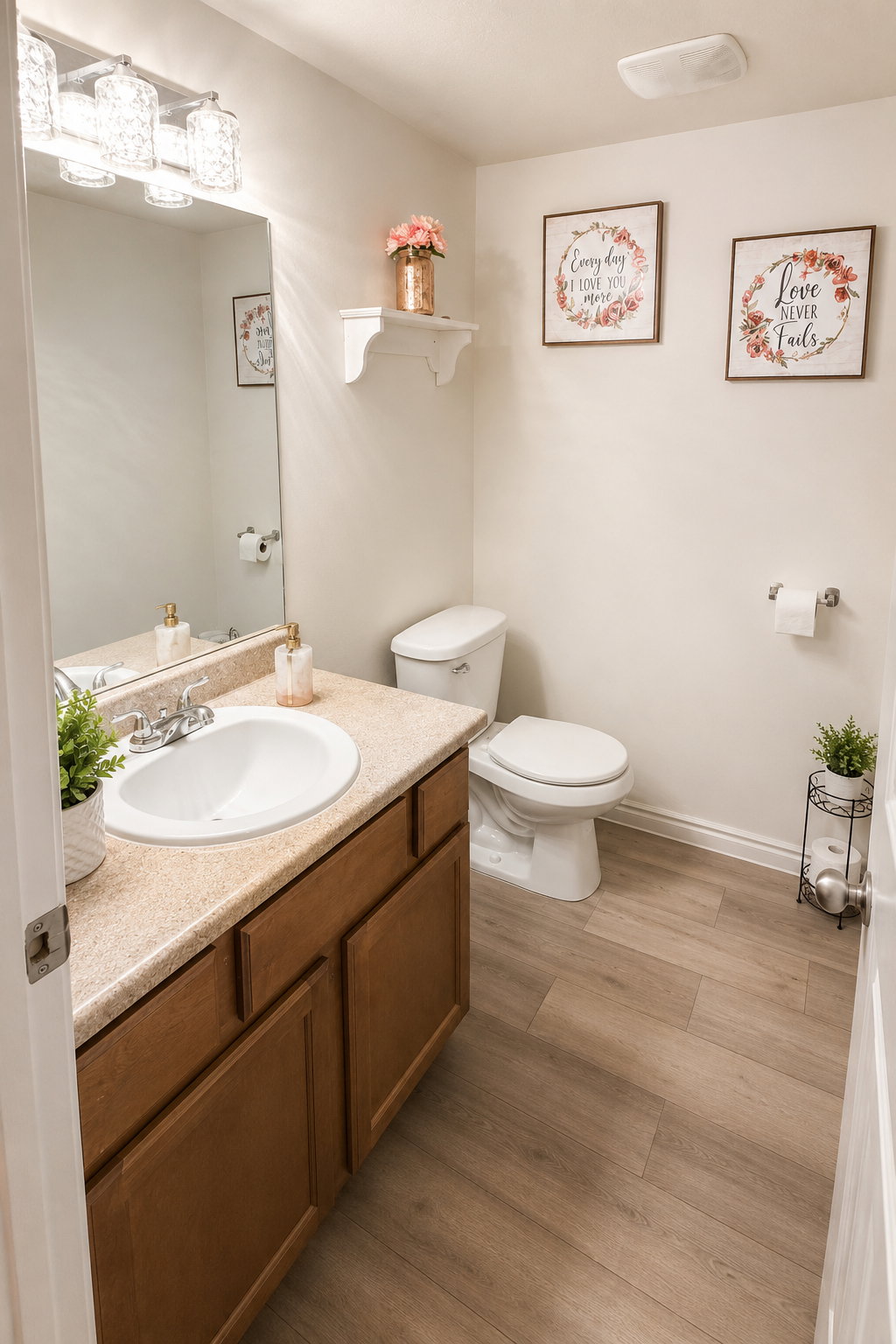 Bathroom with wood-finish flooring and a single vanity with a light-toned countertop