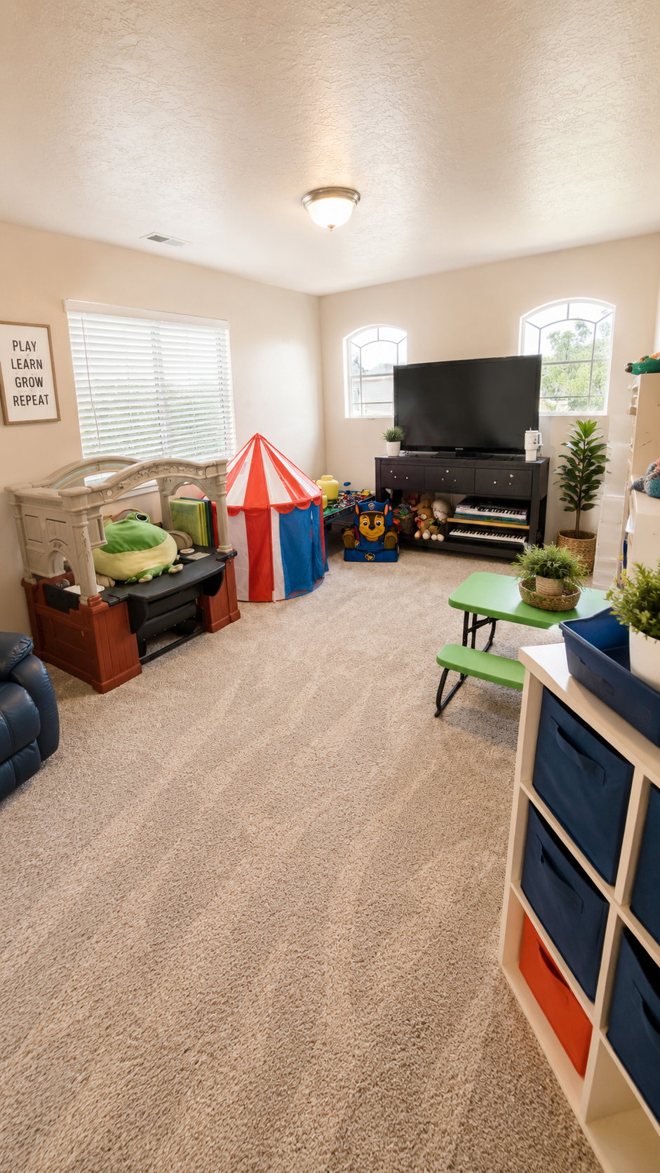 Carpeted interior space featuring light-toned walls and multiple windows