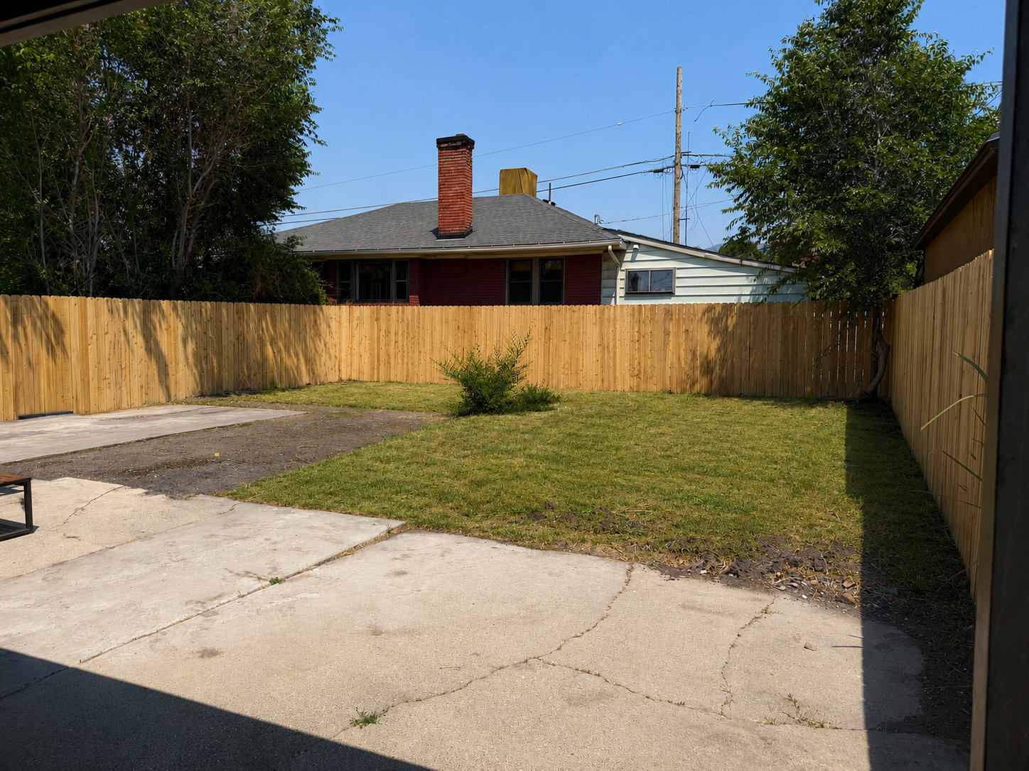 Fenced backyard featuring a large concrete patio, established lawn area, and a central shrub