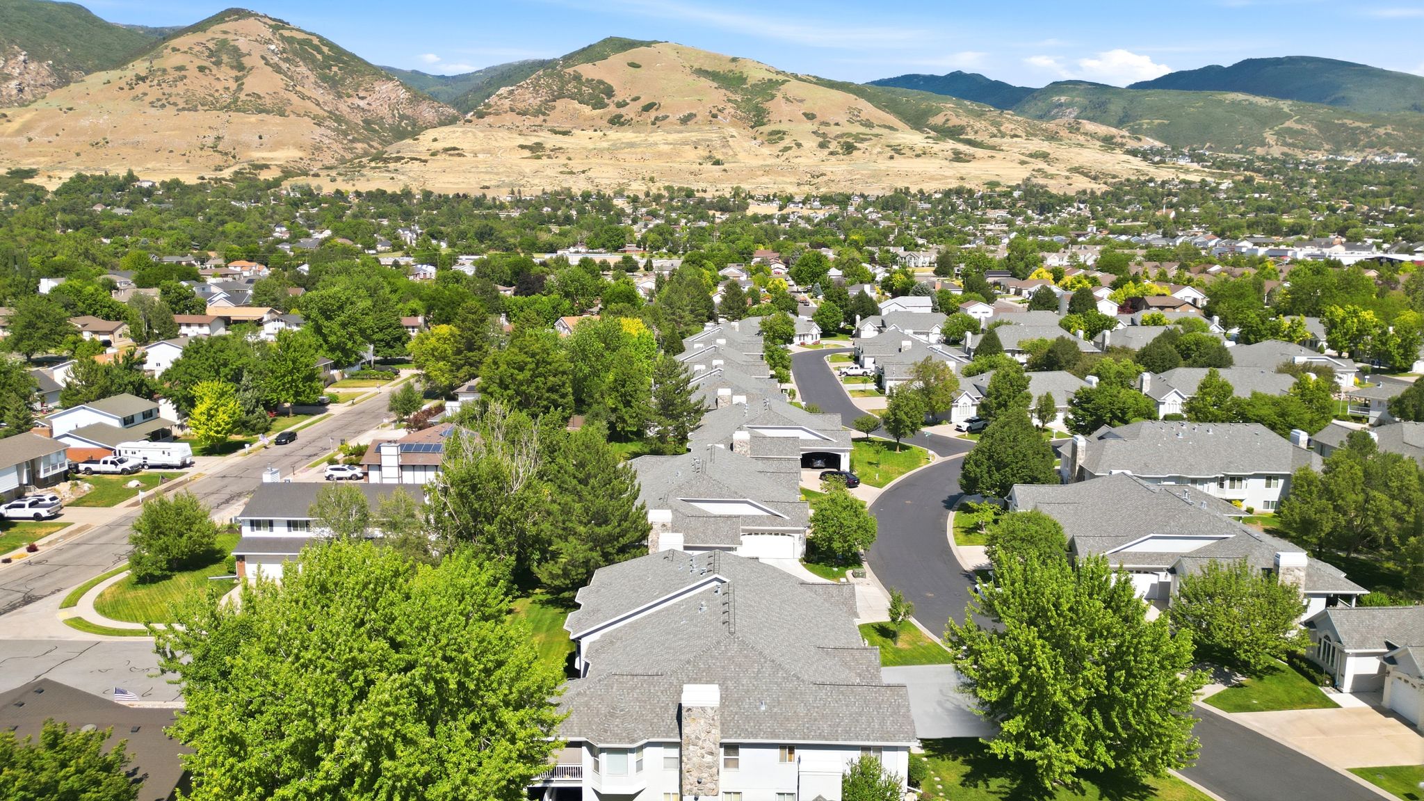 Residential community featuring mature trees and a curving street layout, set against a mountainous backdrop