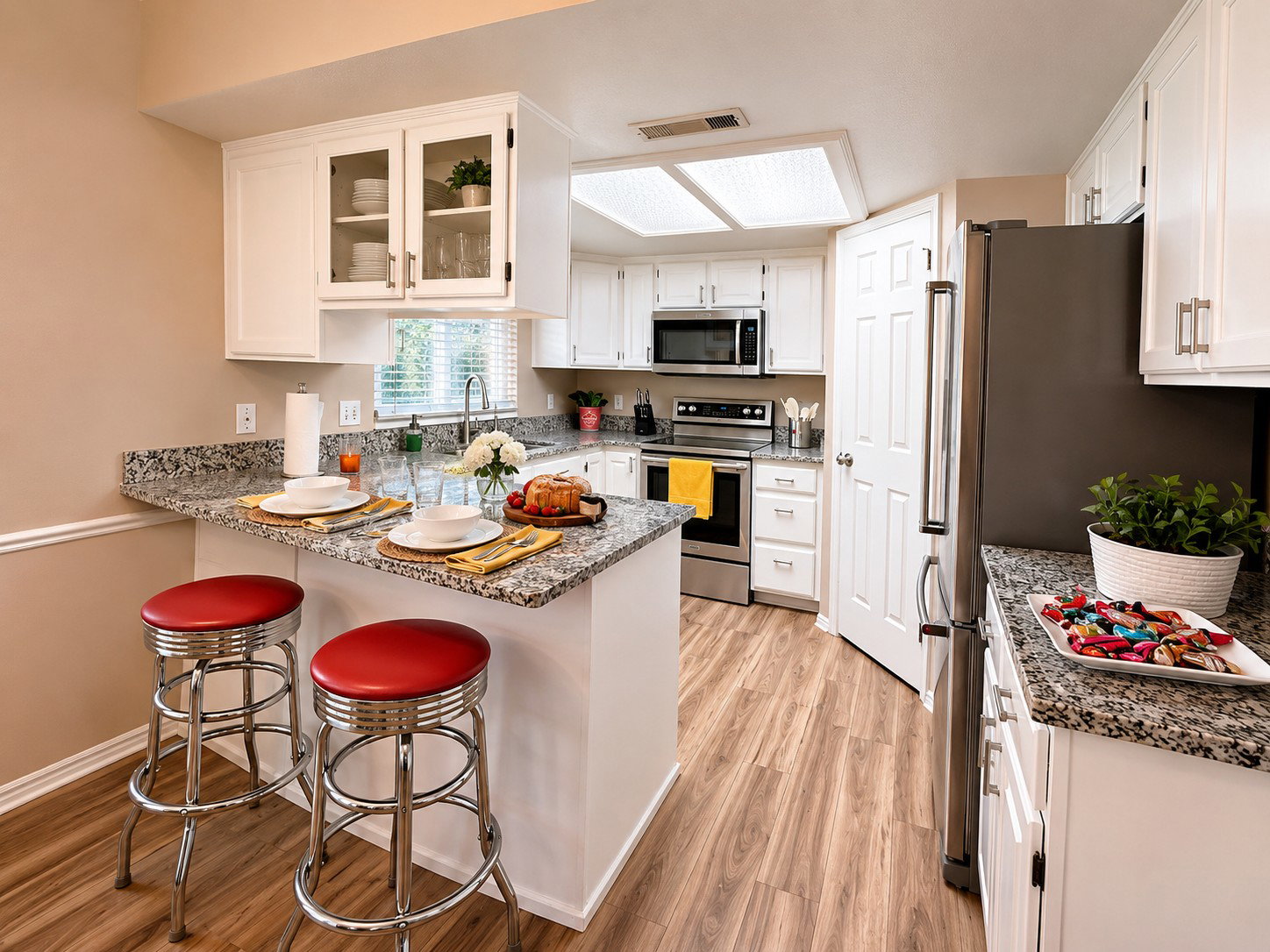 Kitchen featuring white cabinetry, wood-finish flooring, stainless steel appliances, granite countertops, and a breakfast bar