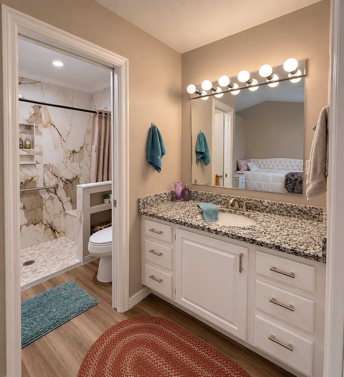 Bathroom featuring a white vanity with a speckled countertop, a single basin sink, and a large mirror with globe lighting