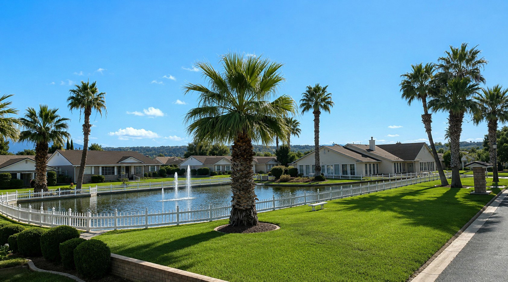 Community lake with fountain feature, bordered by a white picket fence and manicured green spaces