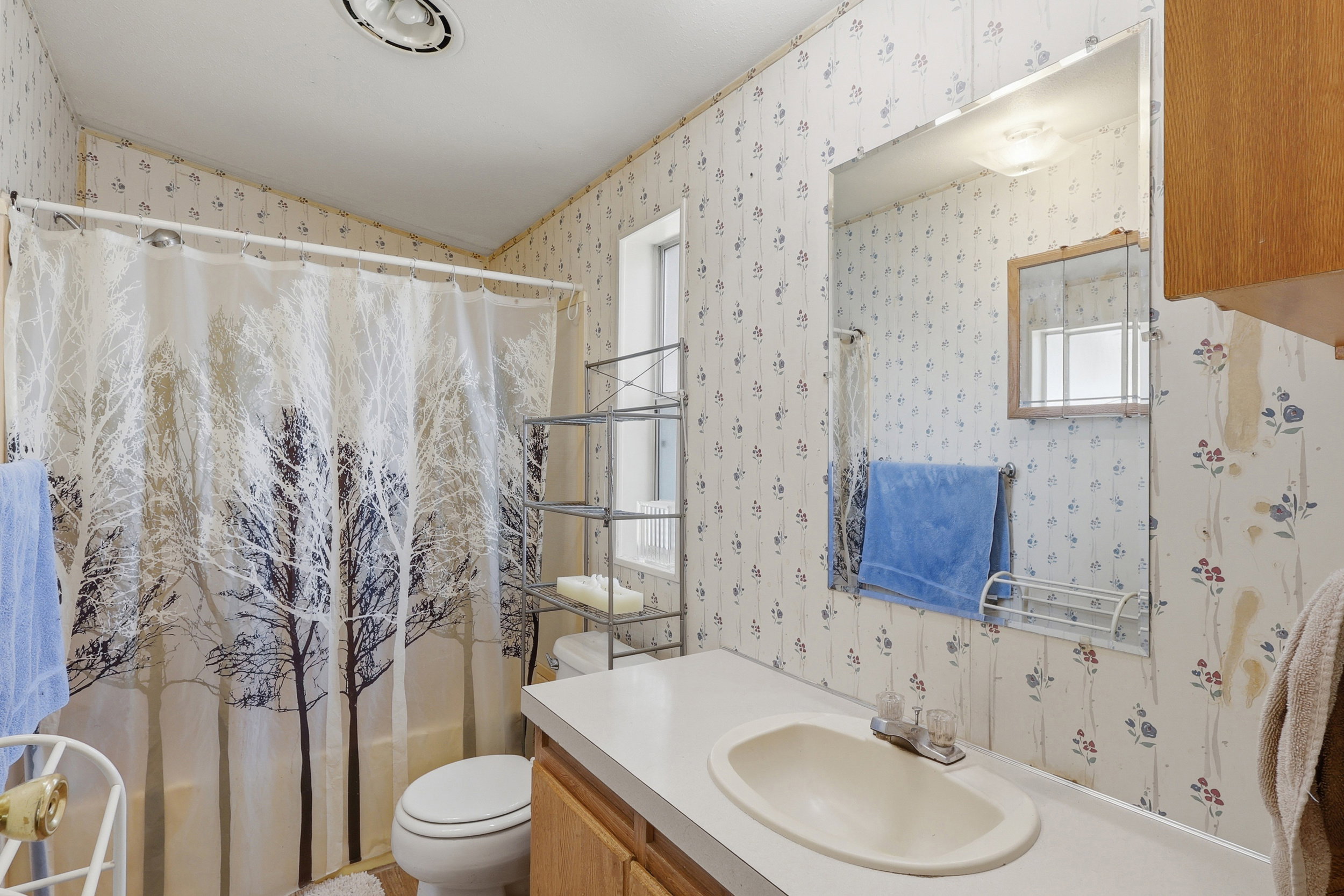 Bathroom featuring a vanity with a white countertop and oval sink, a wall-mounted mirror, and a shower-over-tub combination with a white shower curtain rod
