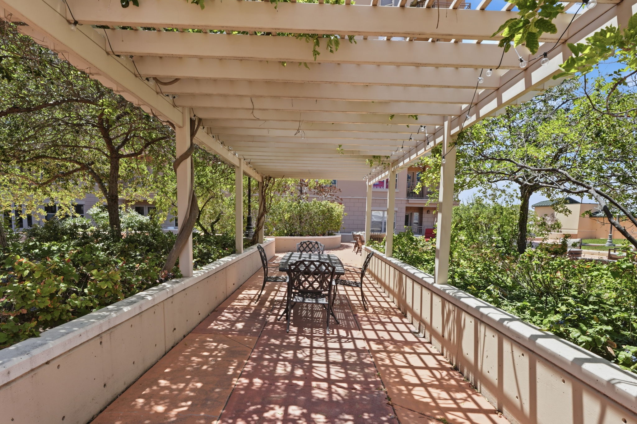 Expansive outdoor patio featuring a slatted pergola with natural vine accents, decorative string lighting, and a textured concrete floor