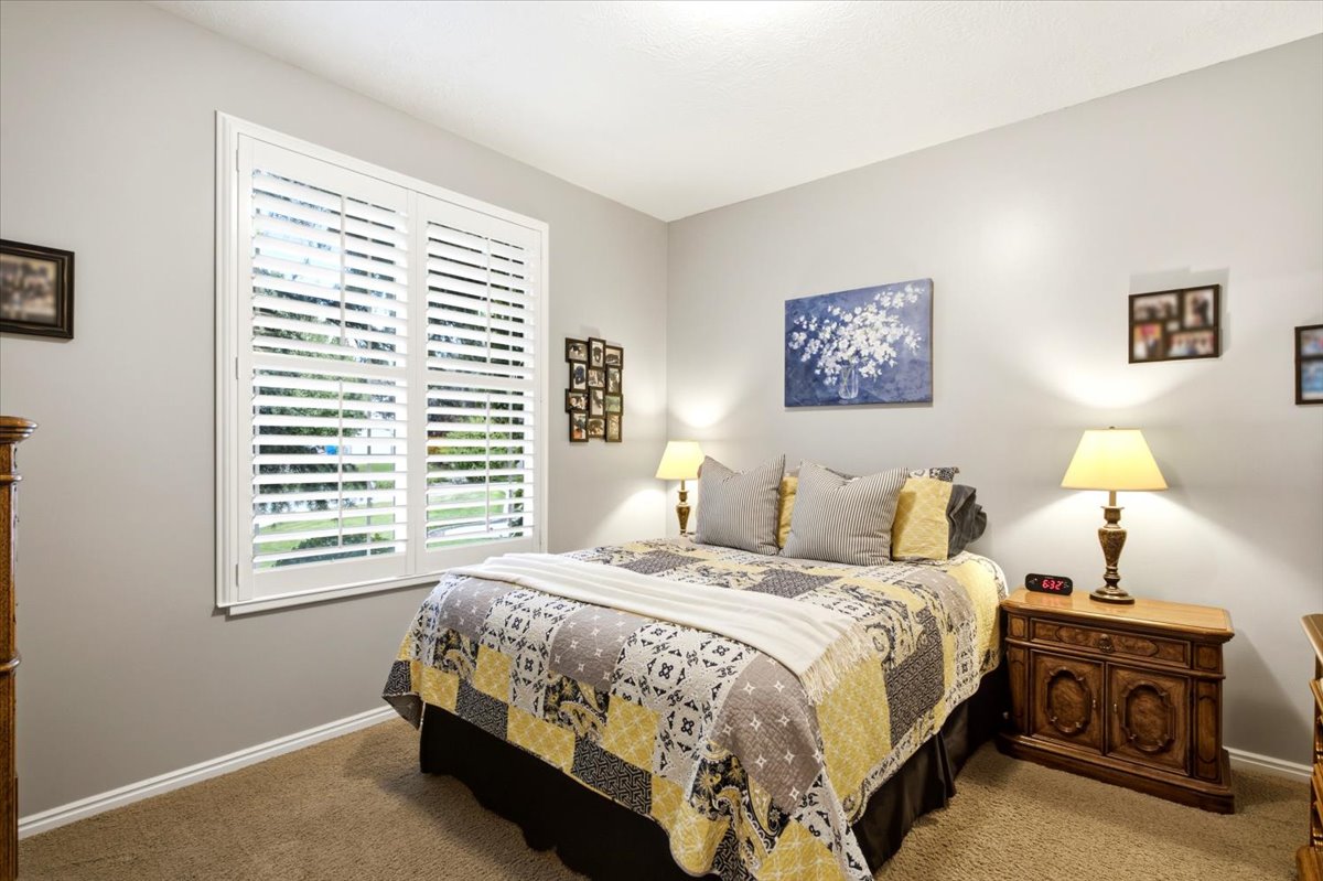 Well-lit room featuring a large window with white plantation shutters, neutral wall color, and plush carpet flooring