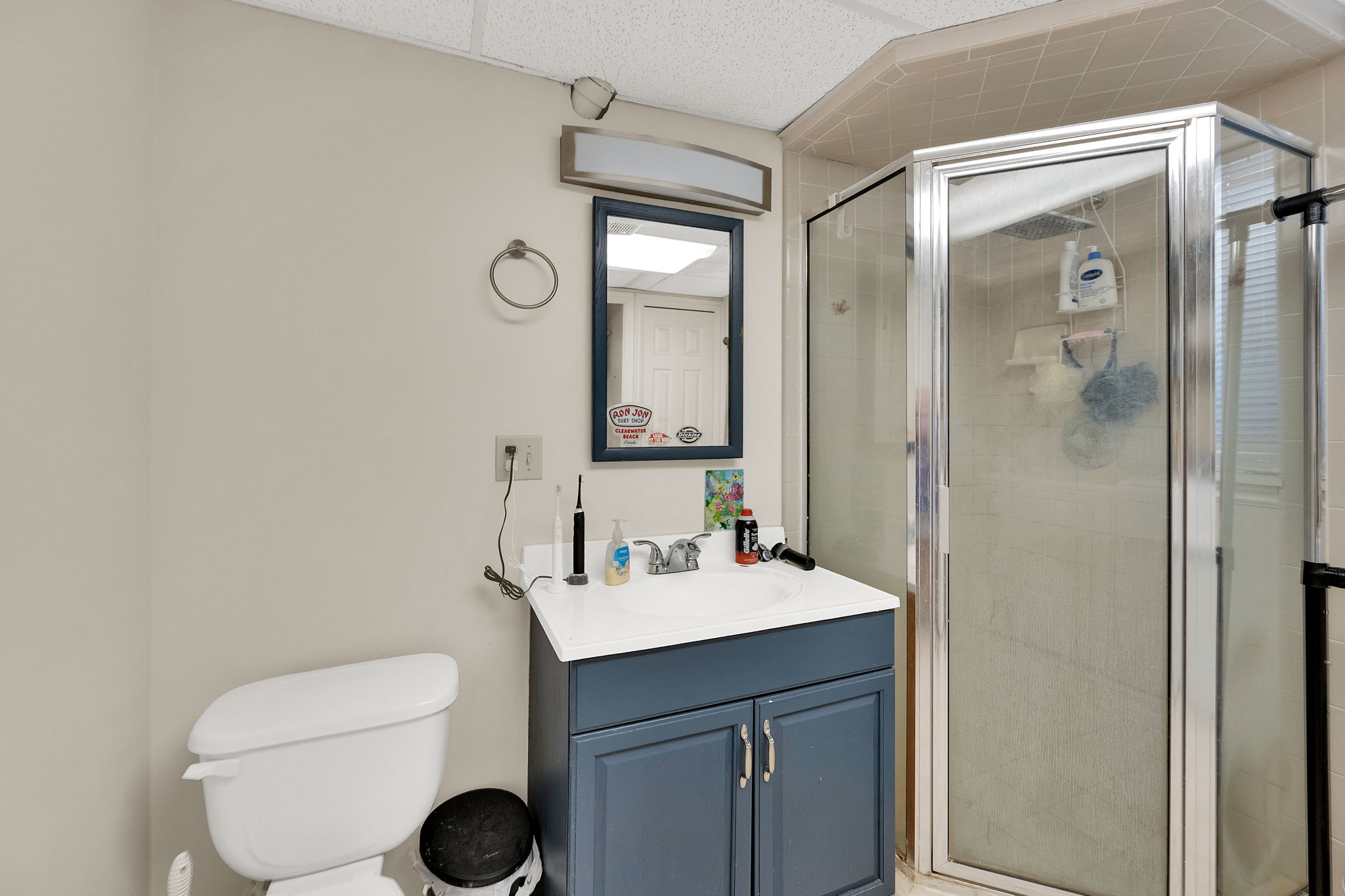 Bathroom featuring a glass-enclosed shower, a vanity with a white countertop and blue cabinetry, a wall-mounted mirror with integrated lighting, and a white toilet