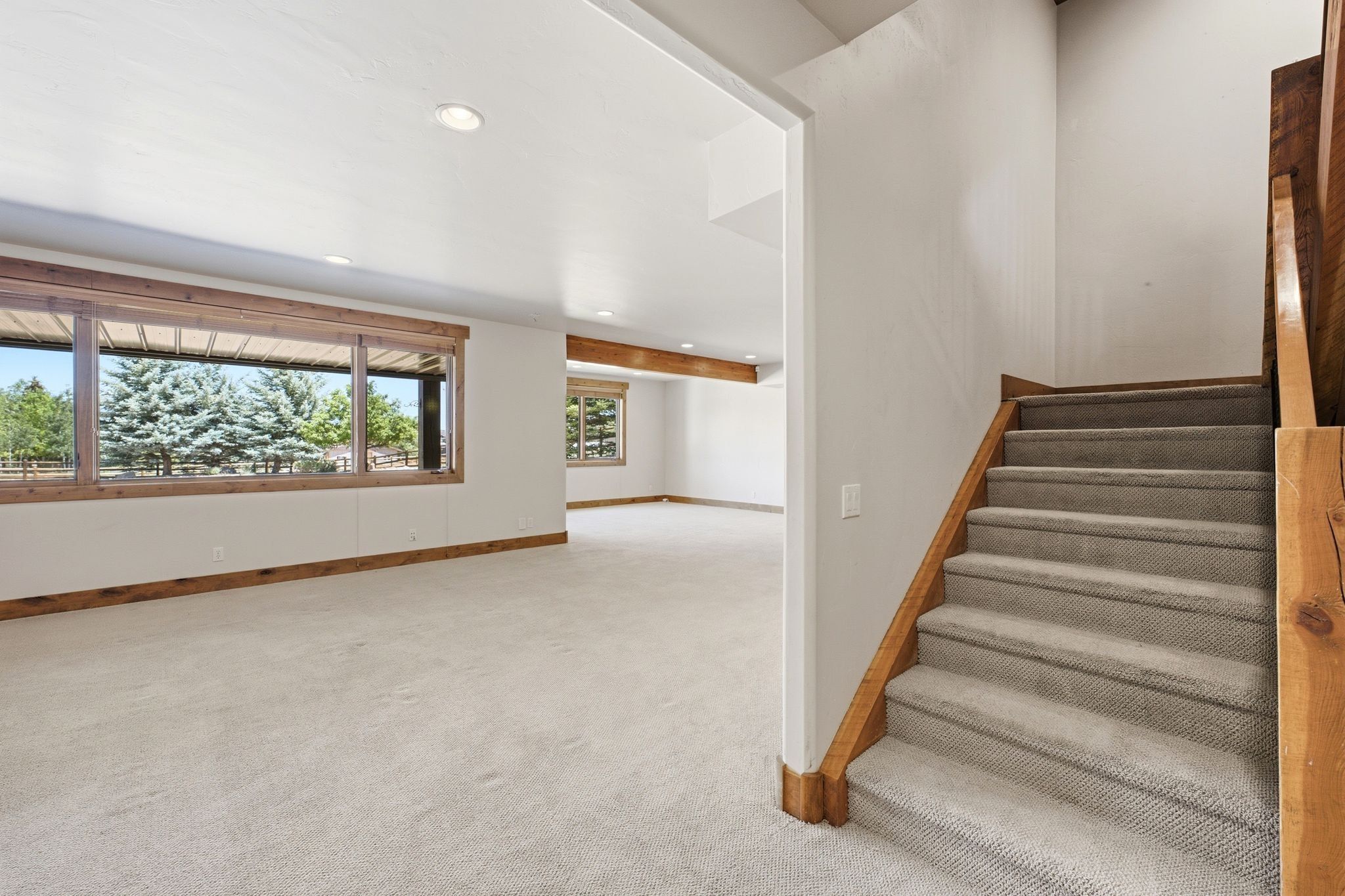 Carpeted staircase with natural wood handrail and trim