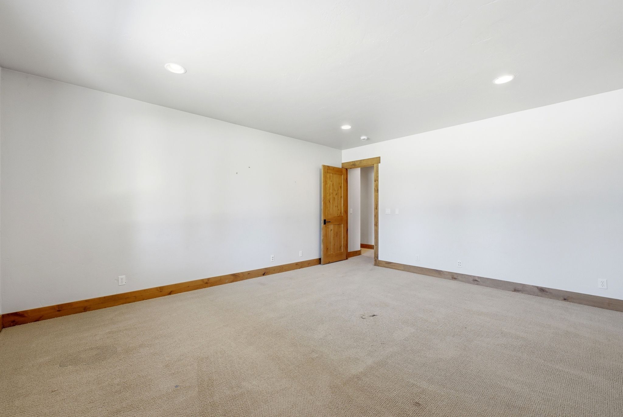 Spacious room featuring neutral carpet, white walls, wood trim, wood door, and recessed lighting