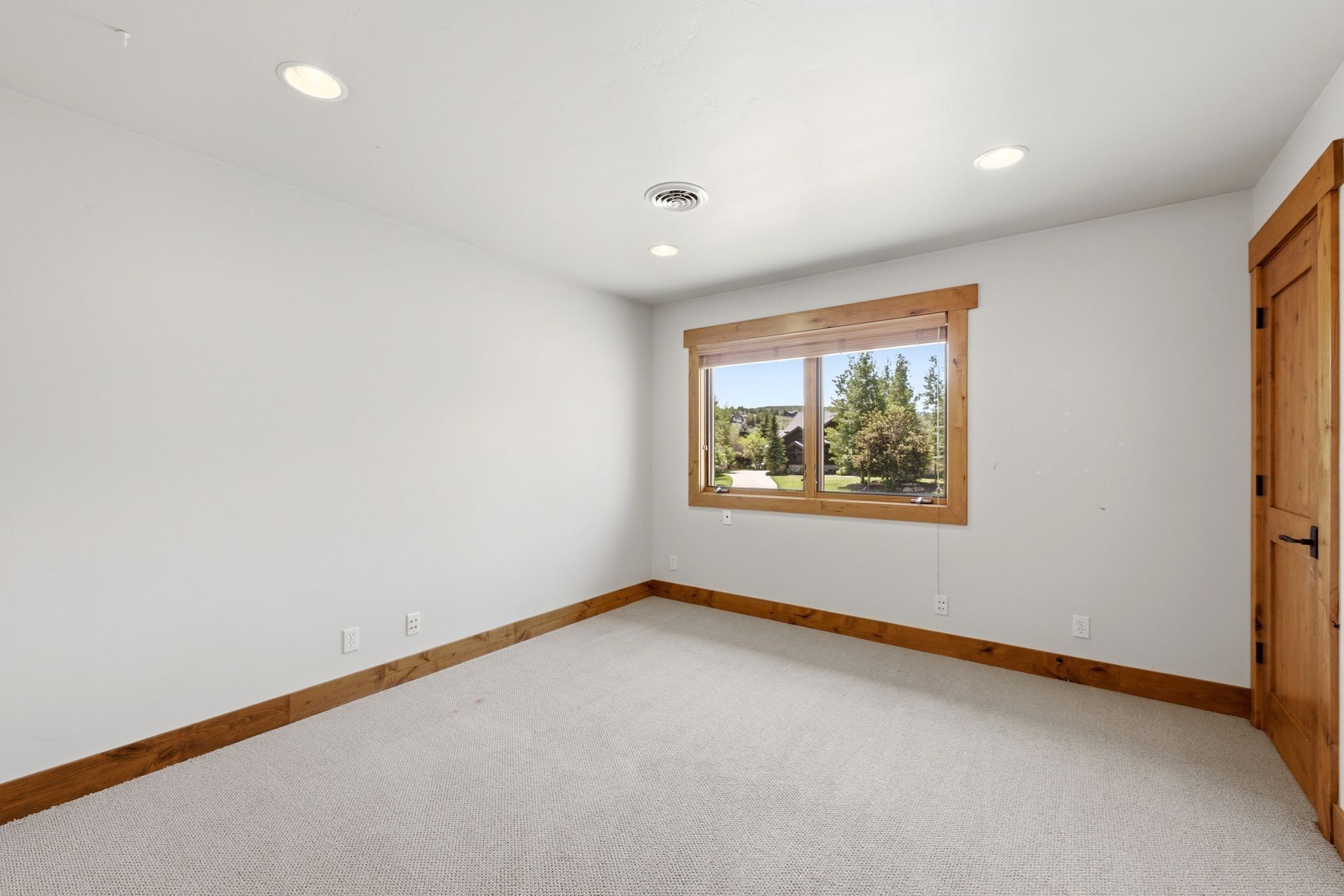 Light-colored carpeted flooring with white walls and natural wood trim