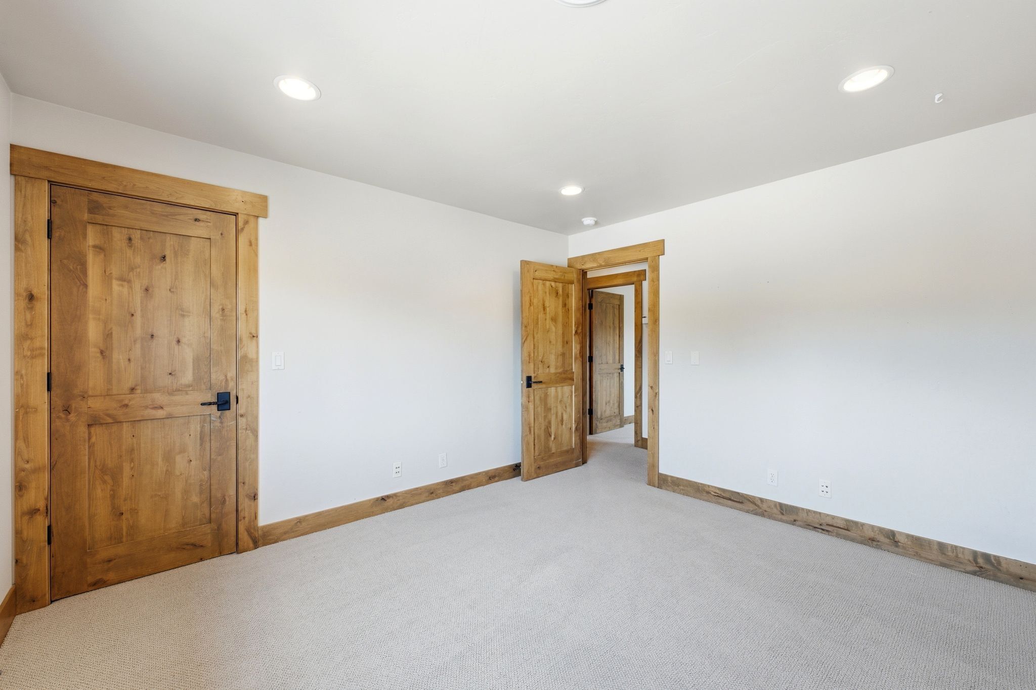 Spacious room featuring light-toned carpeting and bright white walls