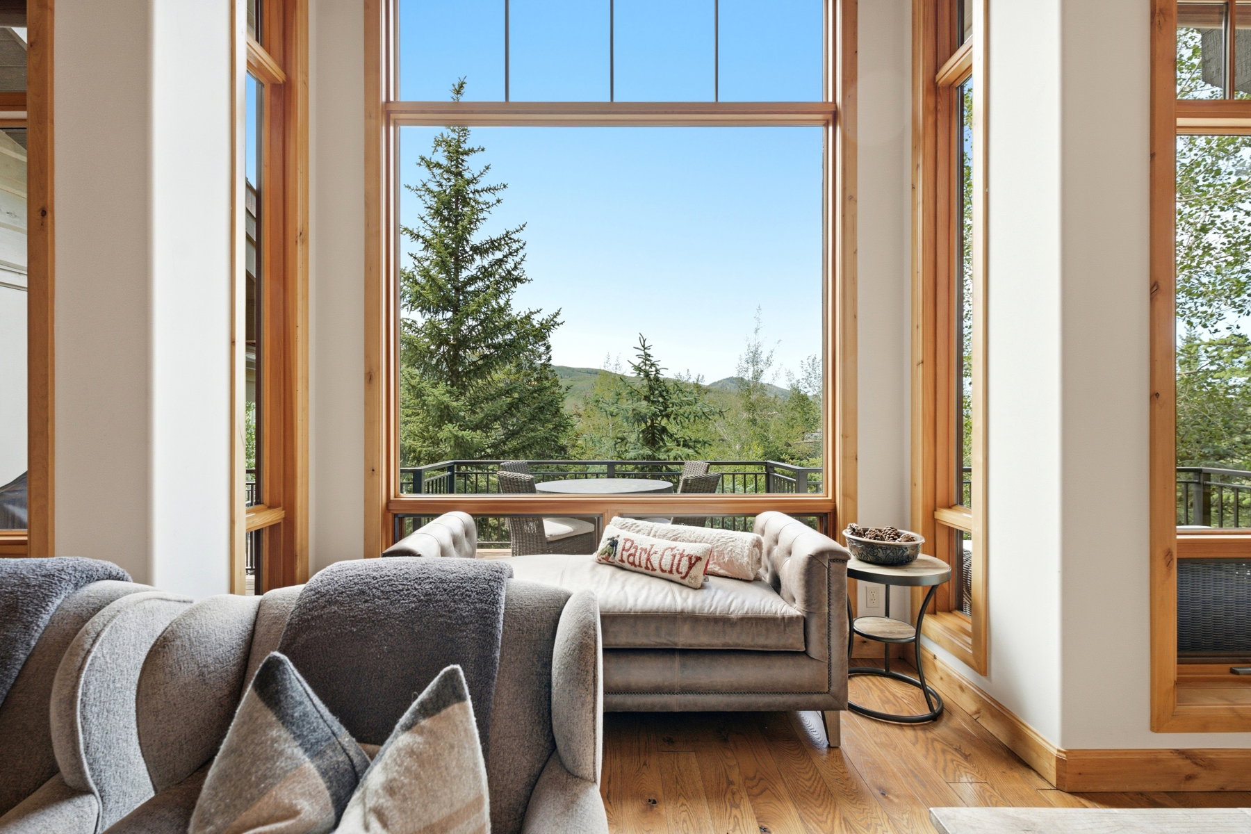 Double-height windows with natural wood trim frame a tree-lined landscape