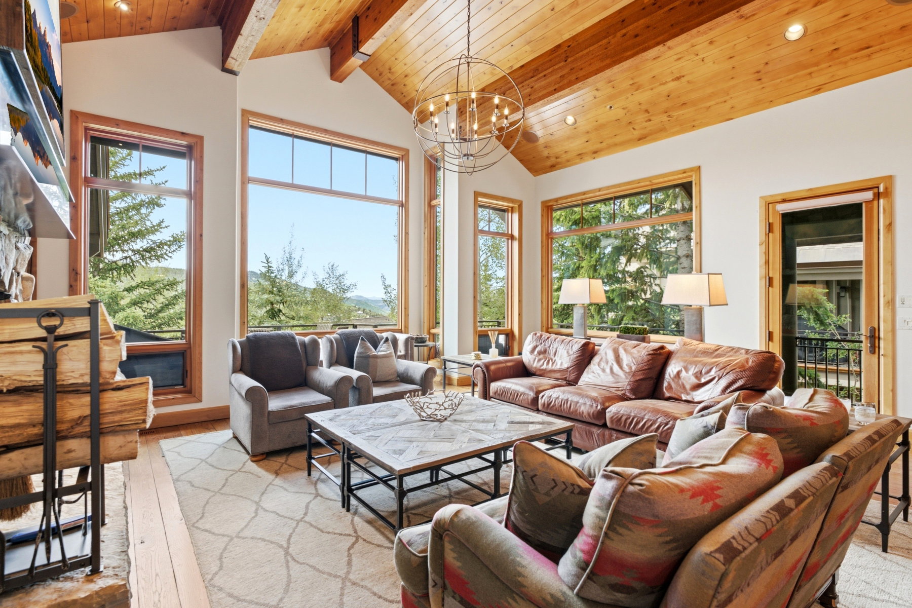 Vaulted wood-paneled ceiling with exposed beams