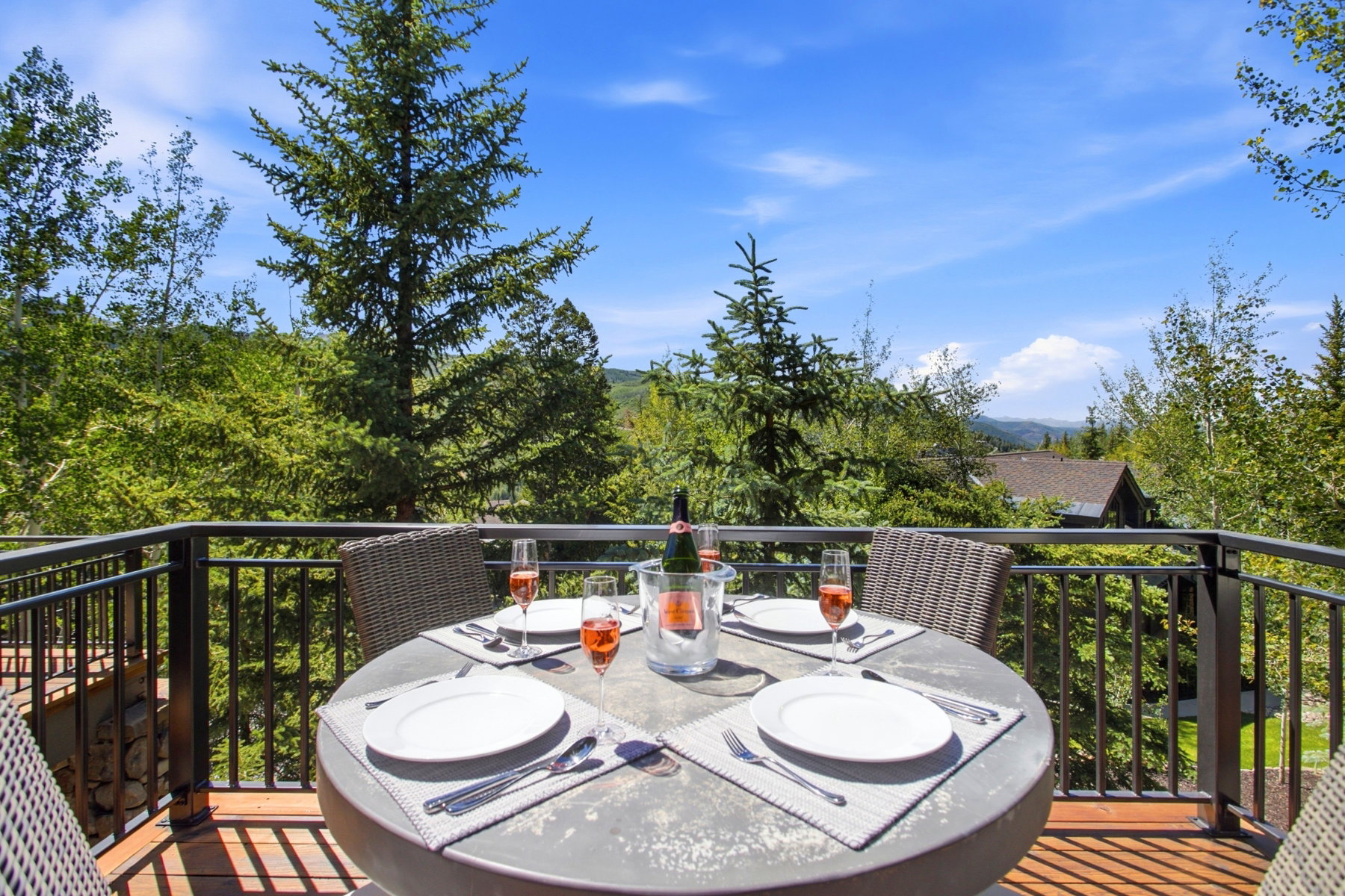 Expansive outdoor deck featuring wood flooring and black metal railings