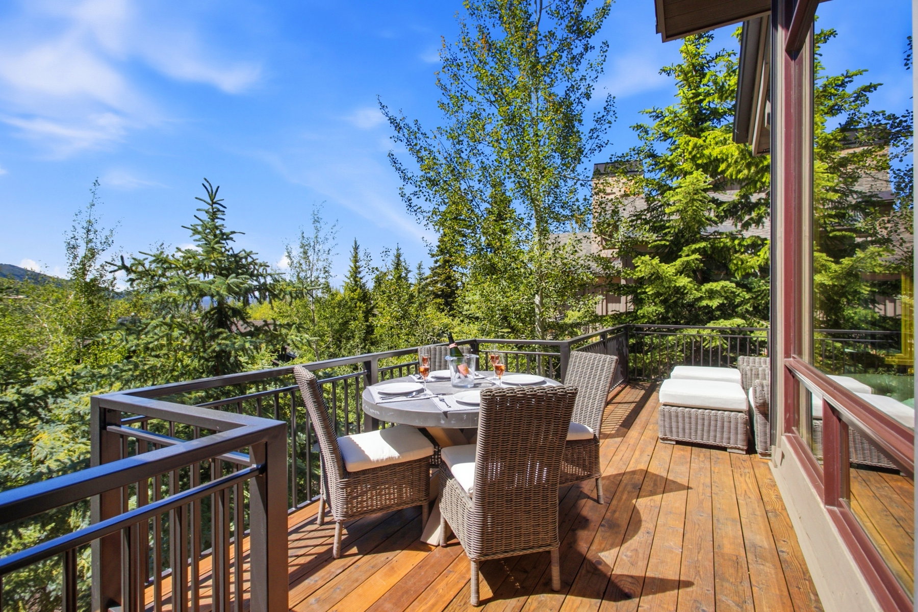 Expansive outdoor deck featuring wood-finish flooring and black metal railings