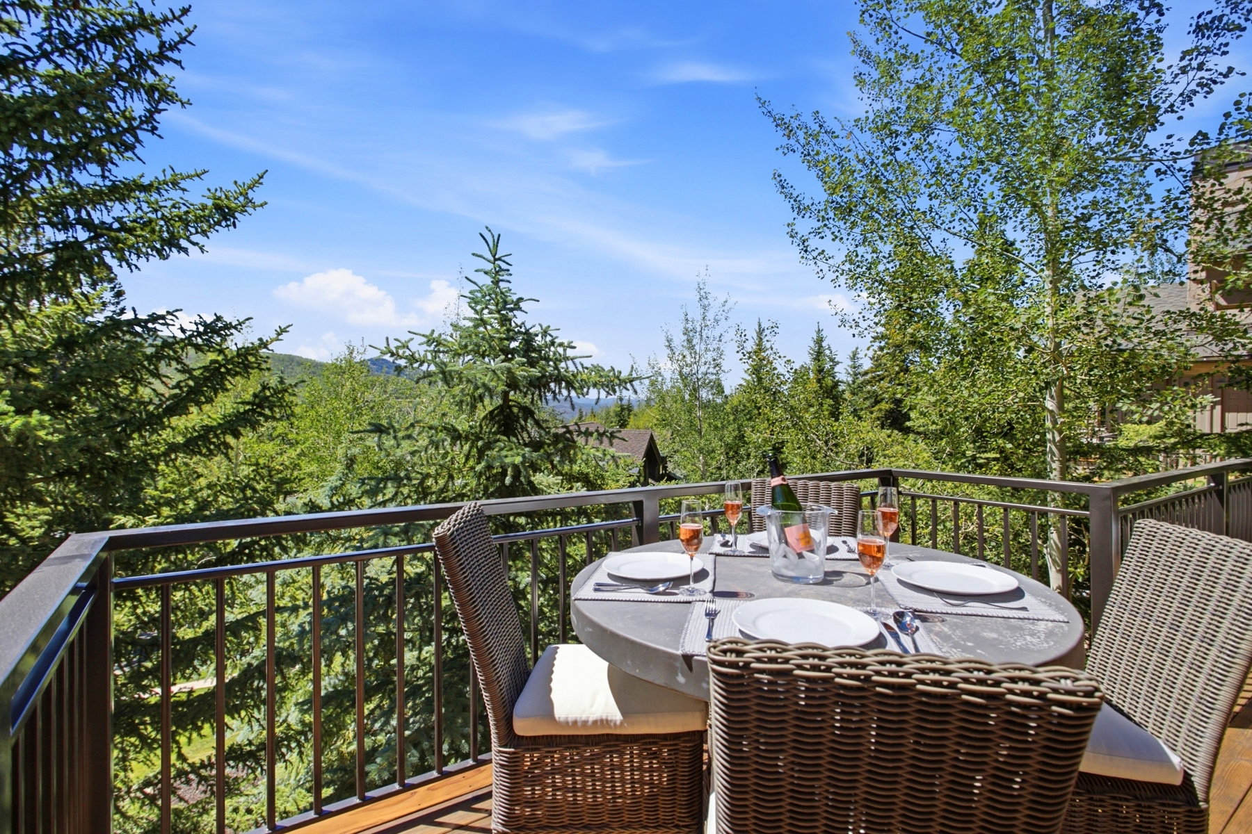 Expansive outdoor deck with wood-finish flooring and metal railings