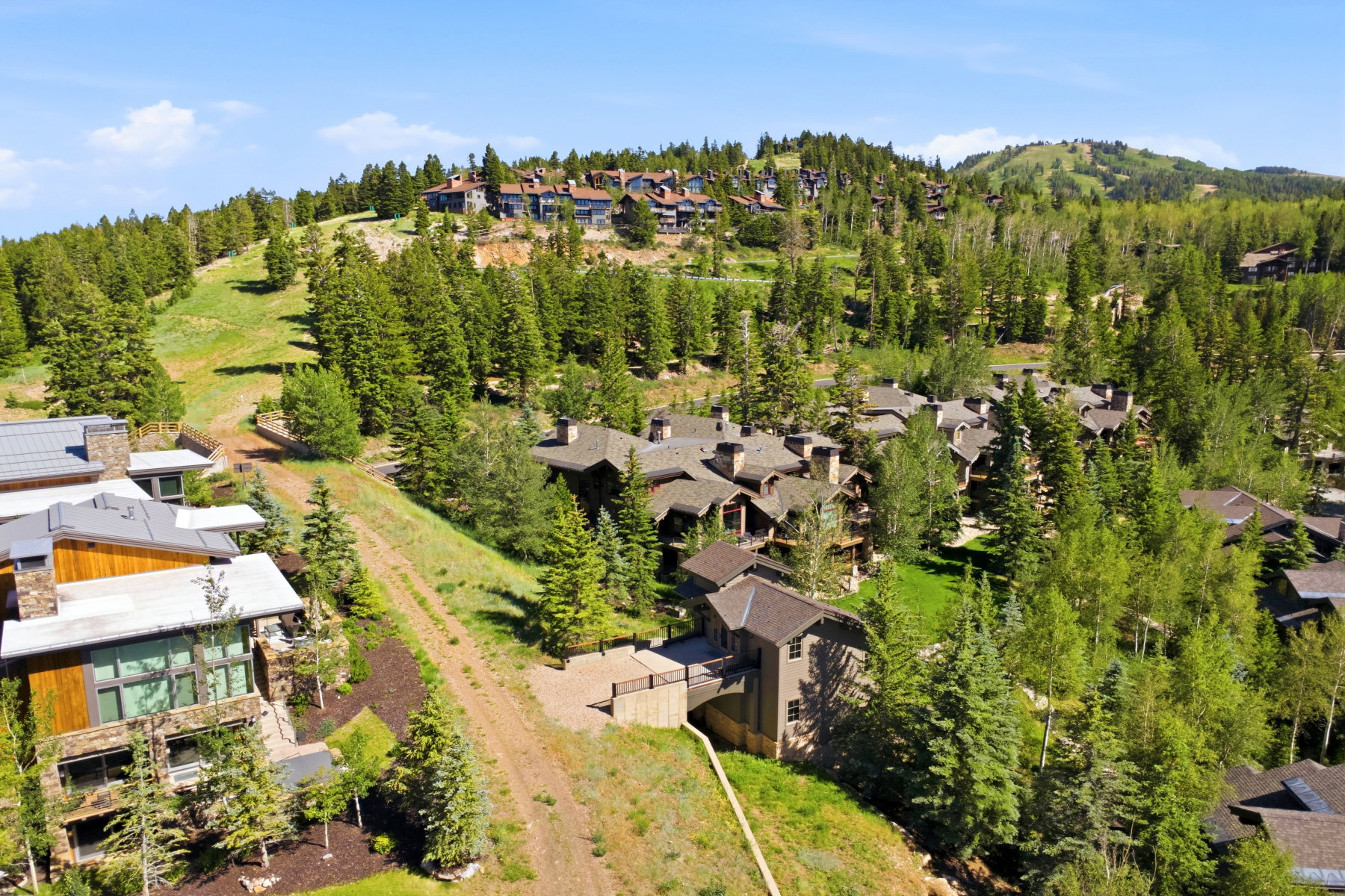 Residential development featuring multiple structures nestled within a forested mountain landscape