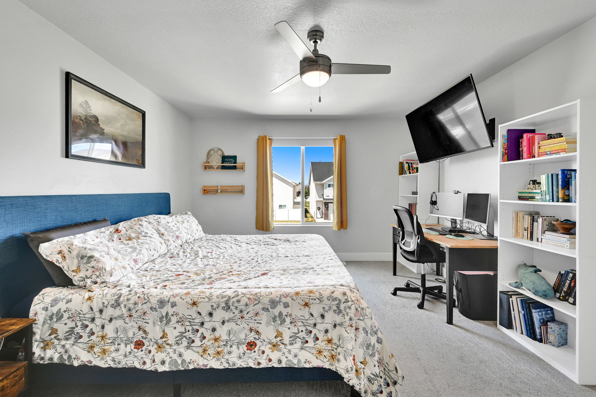 Carpeted room featuring a ceiling fan with integrated lighting, a window with curtains, and two wall-mounted wooden shelves