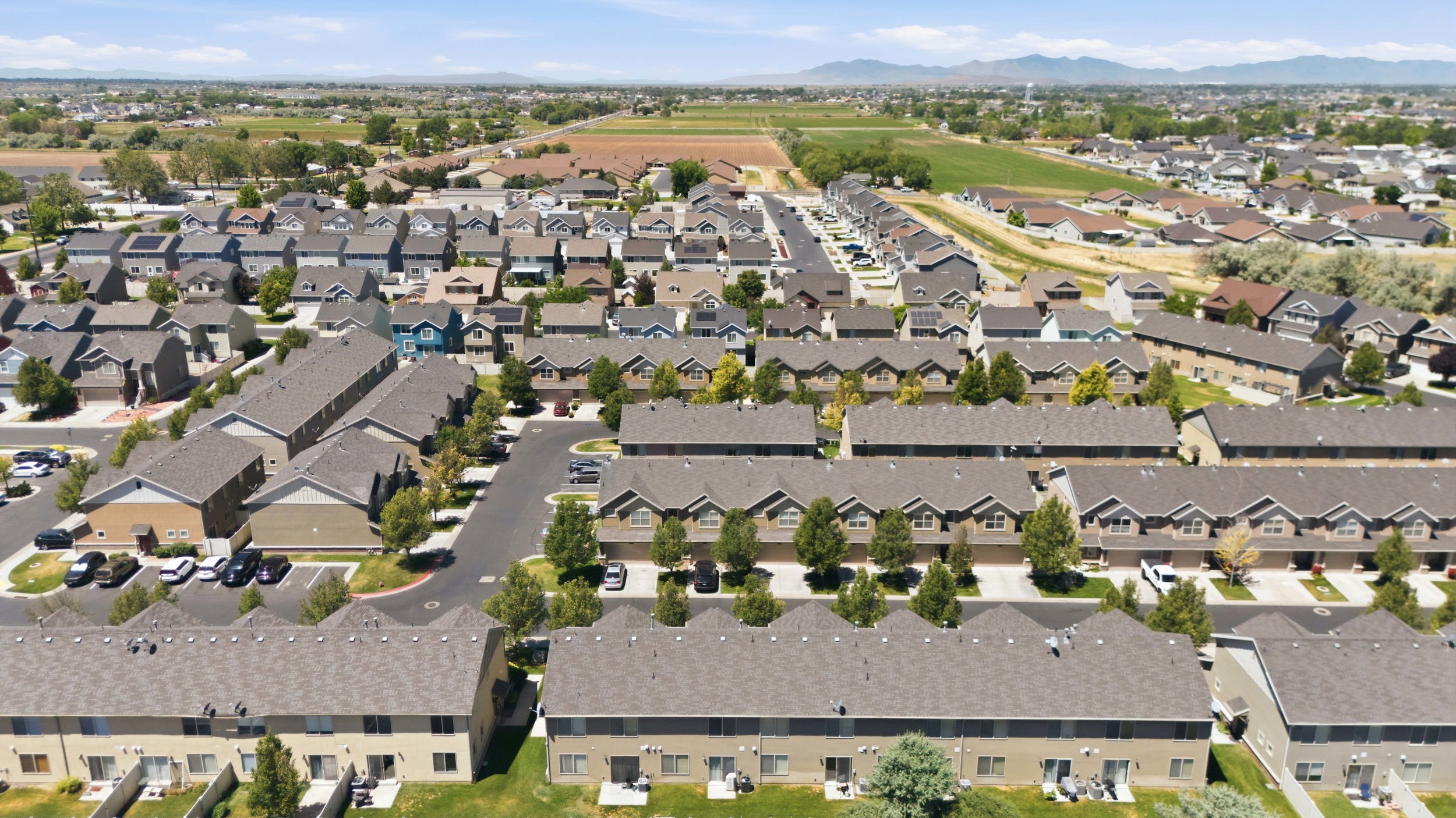 Aerial perspective showcasing a residential community with varied architectural styles