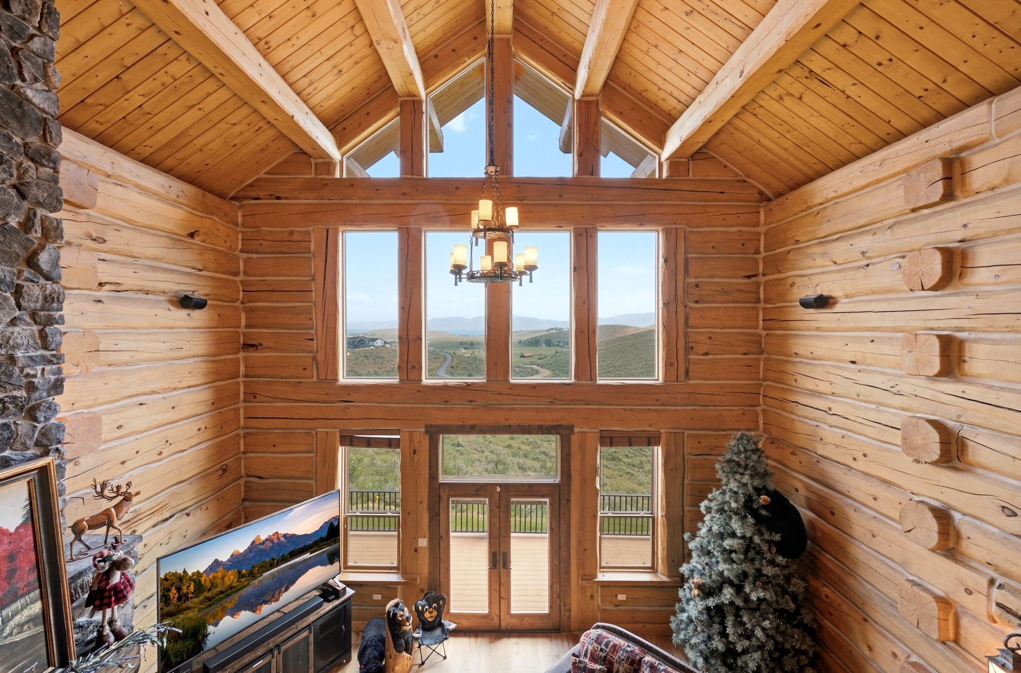 Vaulted wood-paneled ceiling with exposed beams