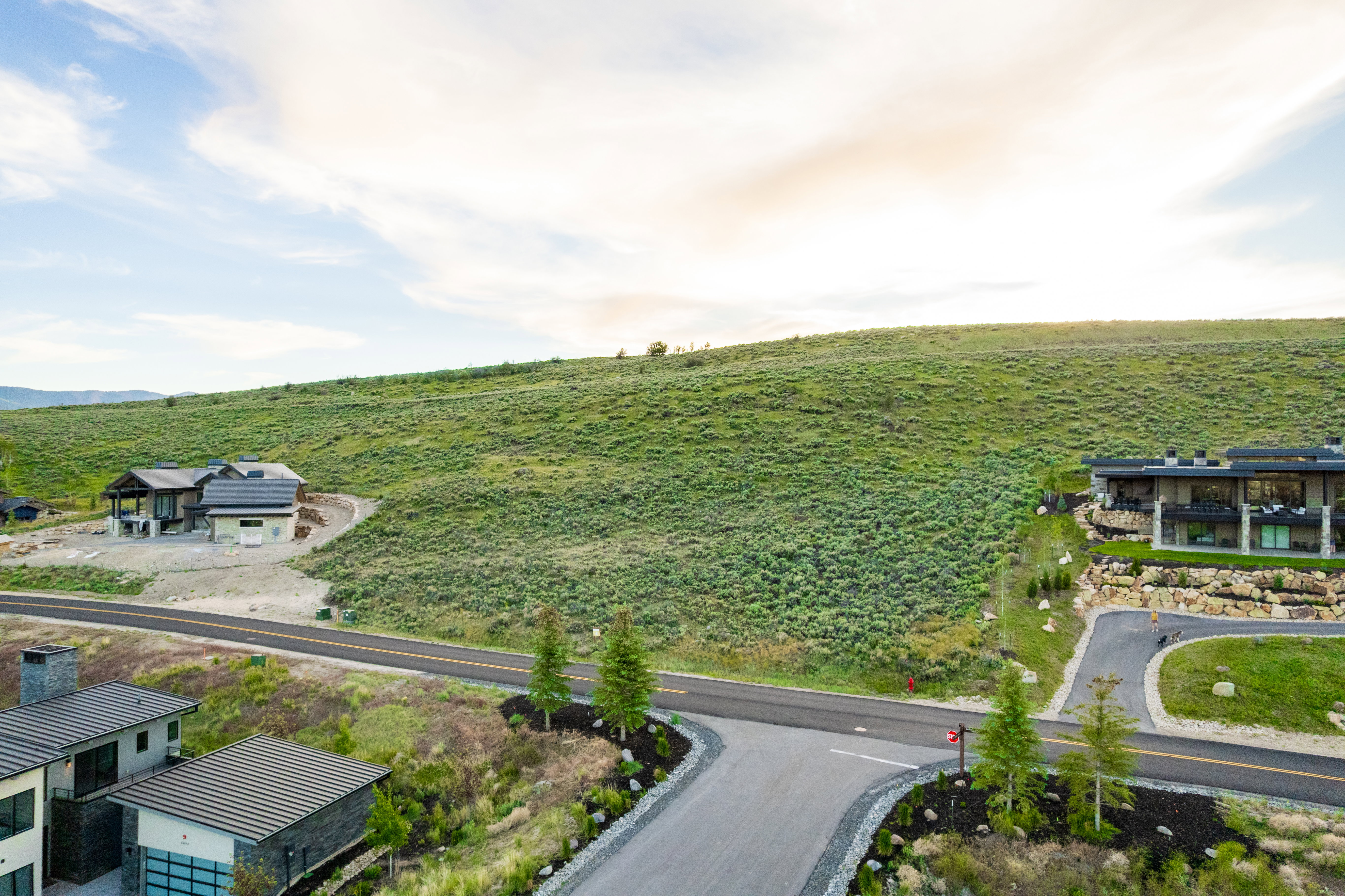 Expansive green hillside bordering properties with modern architecture