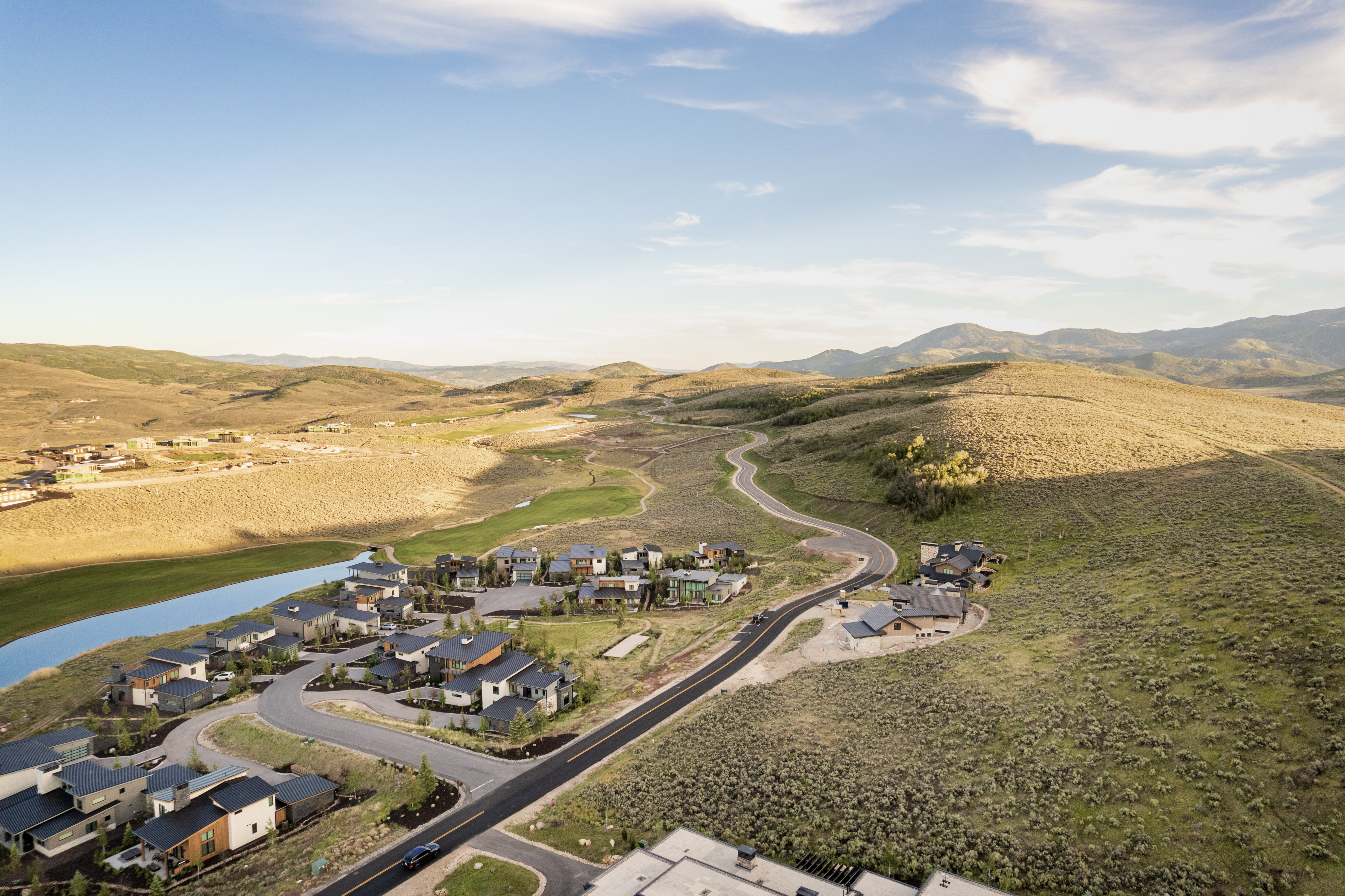 Expansive aerial perspective showcasing a residential development with contemporary architecture