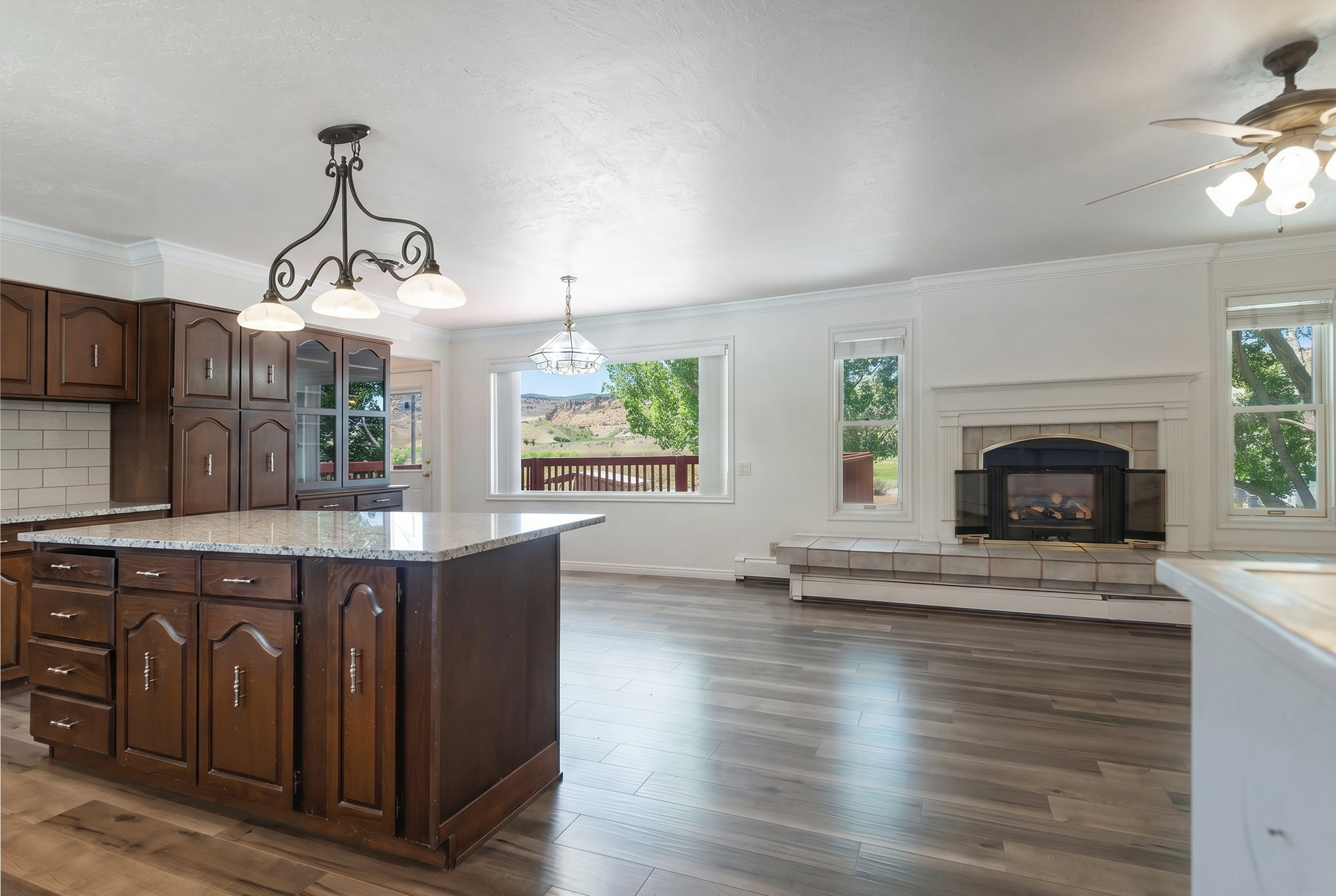 Open-concept kitchen and living area featuring wood-finish flooring