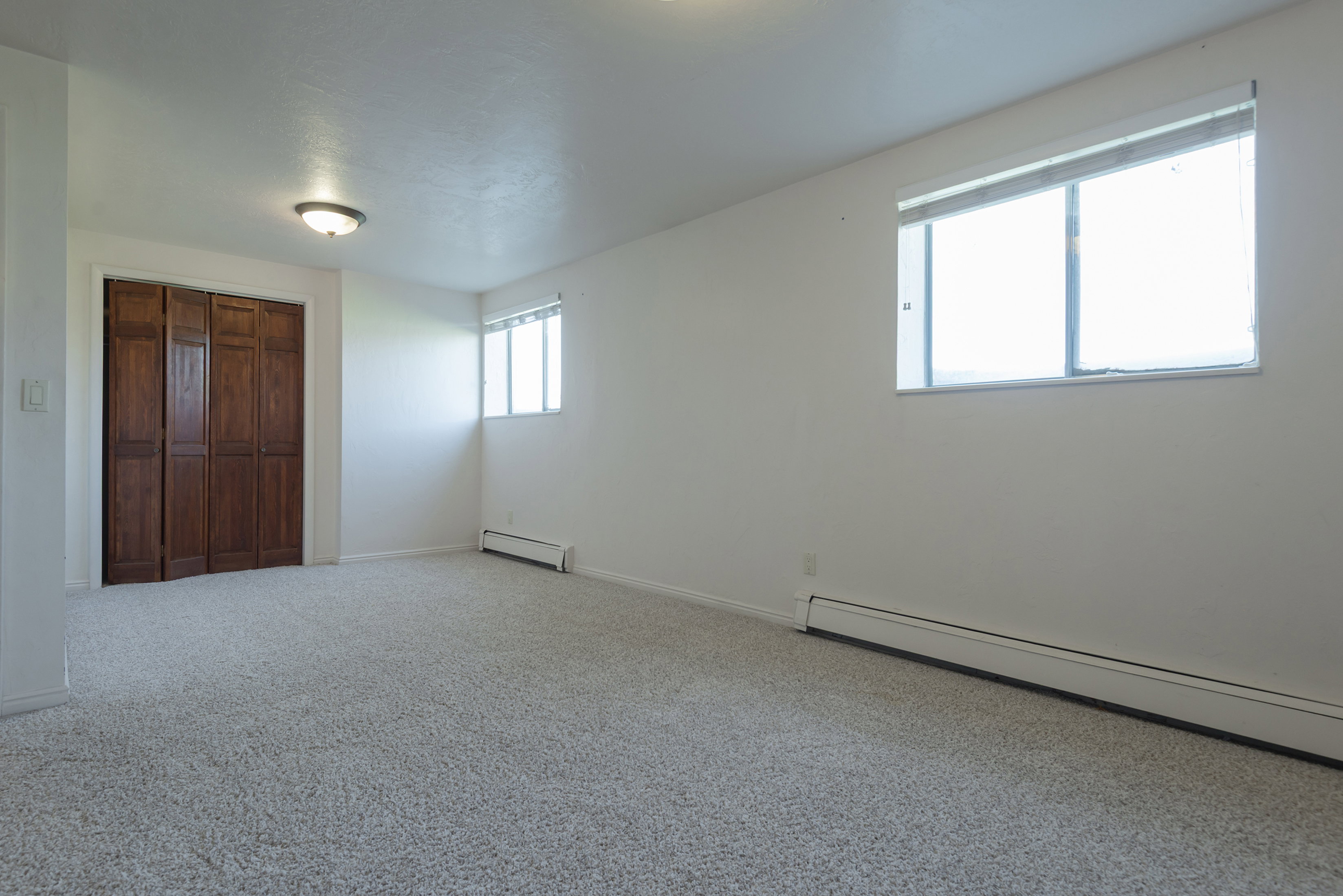 Spacious room featuring light-colored carpeting, white painted walls, and a ceiling-mounted light fixture