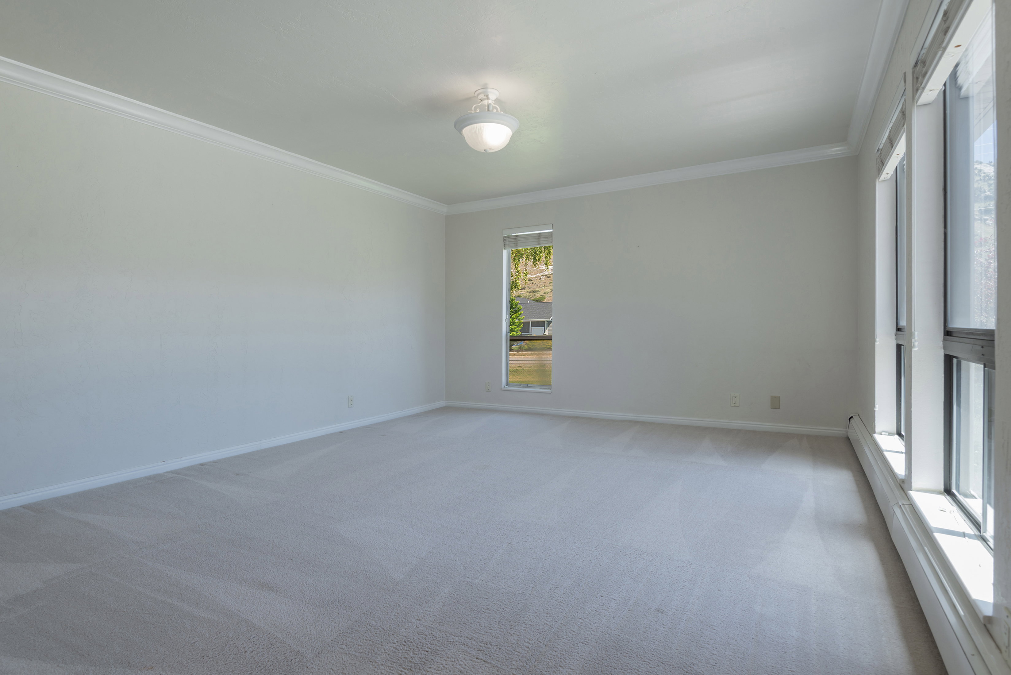 Spacious room featuring light-toned carpeting, crown molding, and a bright overhead light fixture