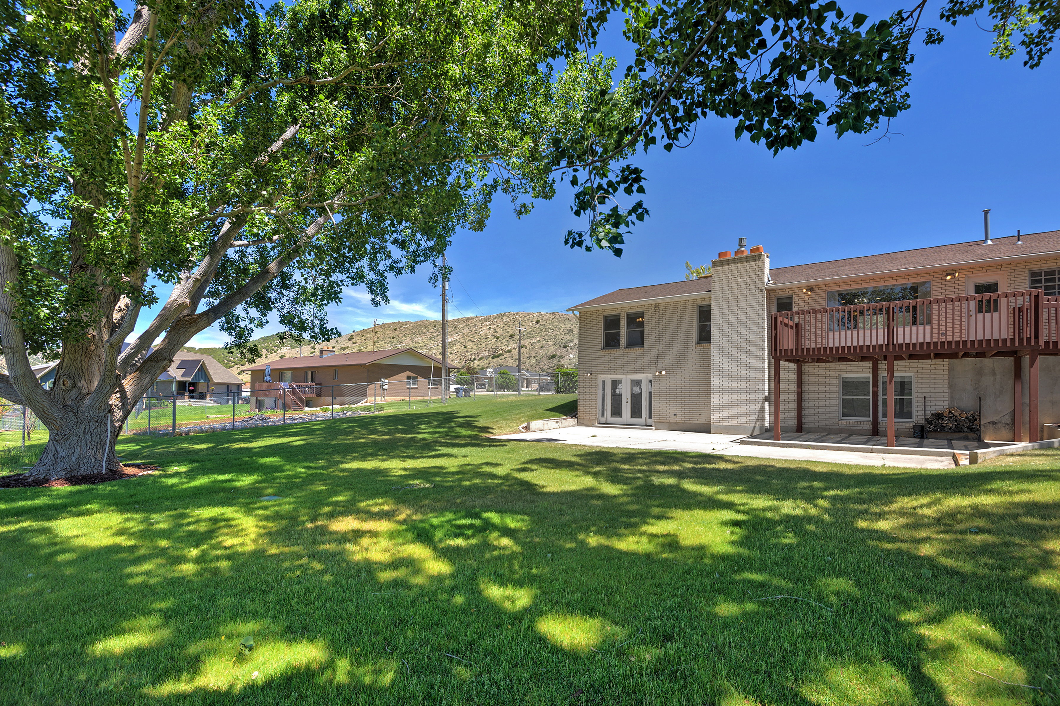 Expansive green lawn with mature tree providing natural shade