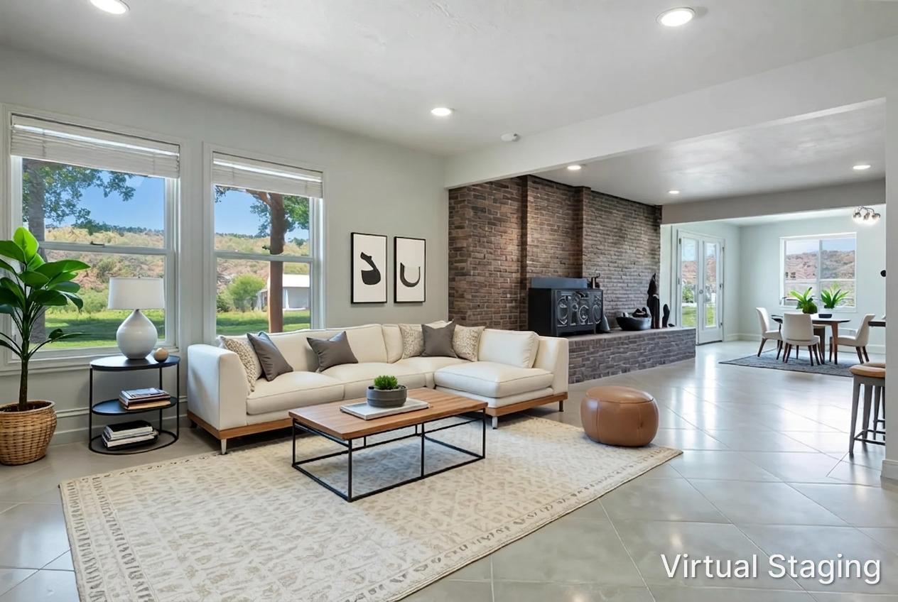 Spacious living area featuring large windows, recessed lighting, and tile flooring