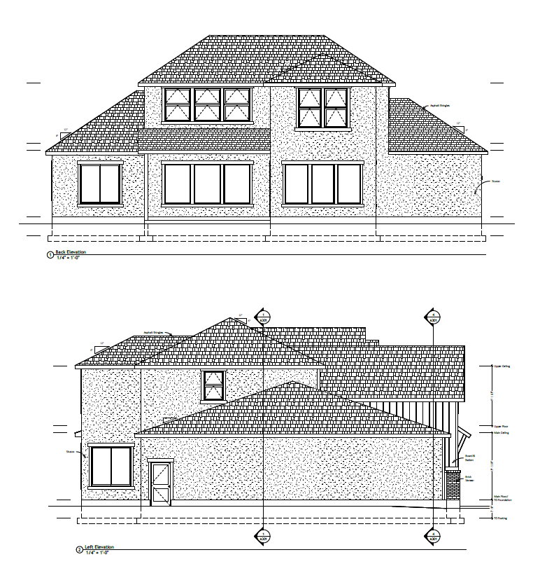 Architectural Drawing. Displaying the back and left elevations of the property
