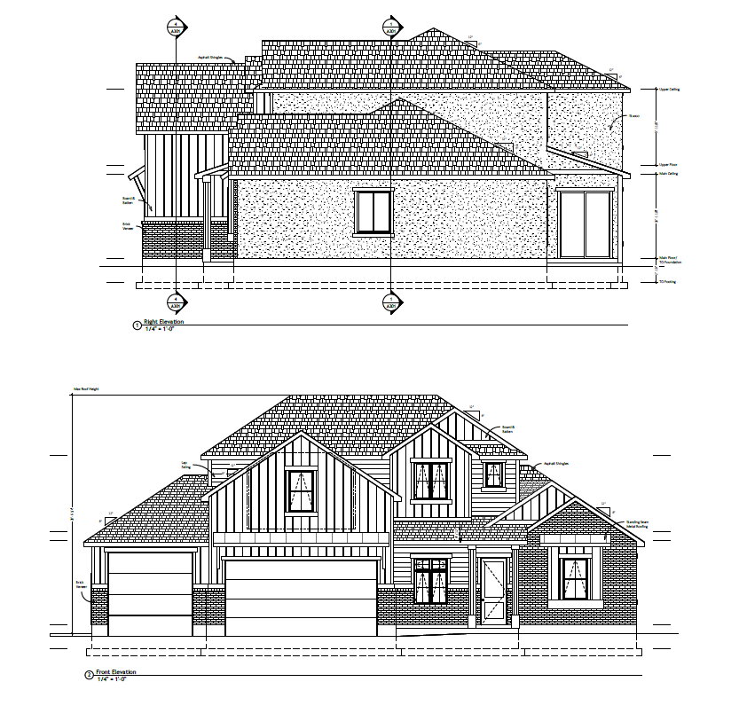 Architectural Plans. Displaying the front and right elevations of the property