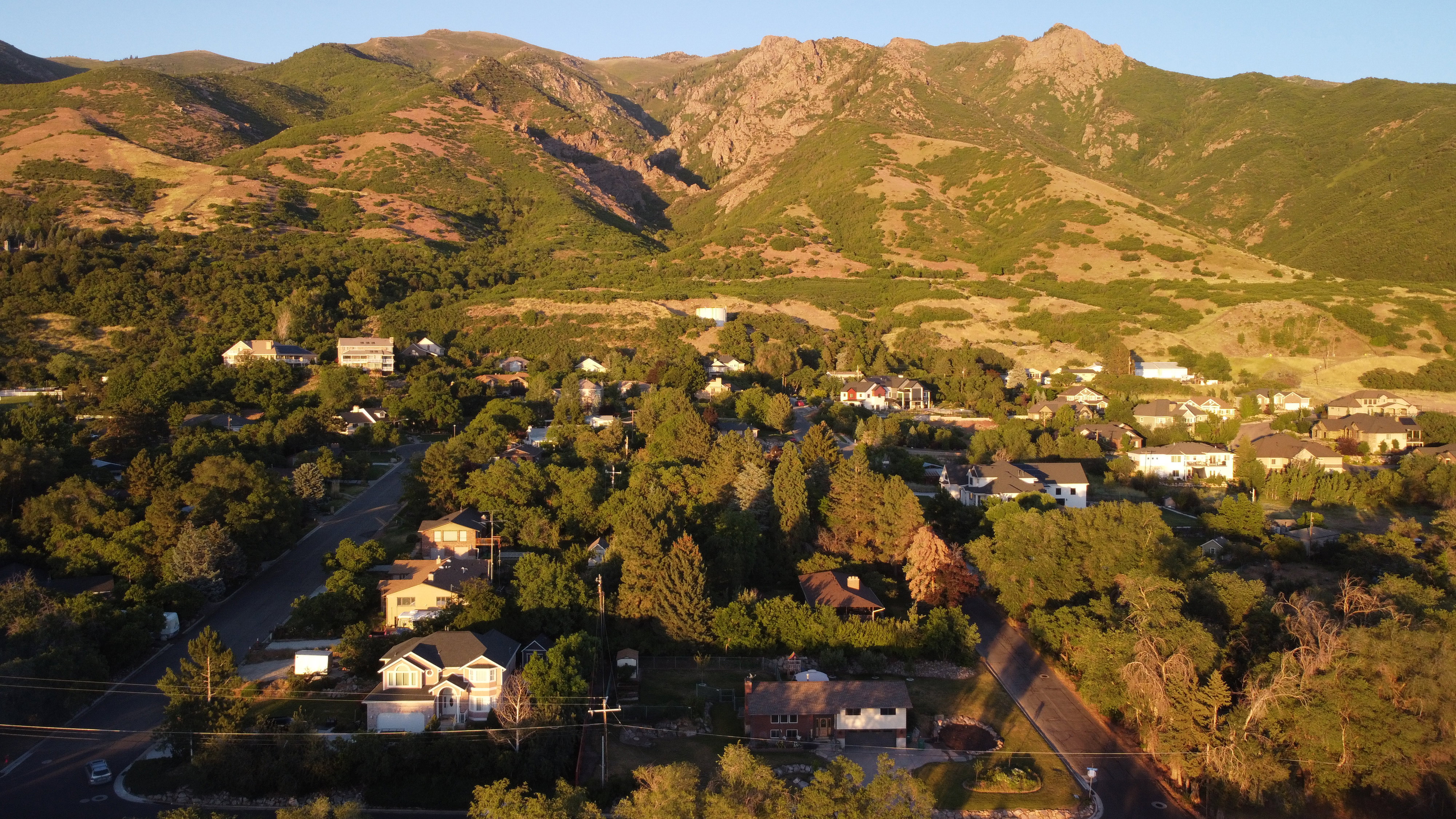 Residential area featuring varied architectural styles and mature trees, set against a backdrop of mountainous terrain