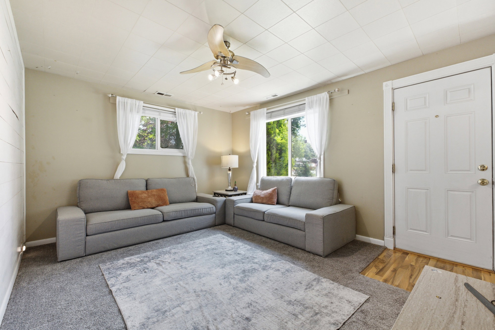 Bright living room featuring multiple windows, ceiling fan, soft carpet, and space for everyday relaxing or entertaining.