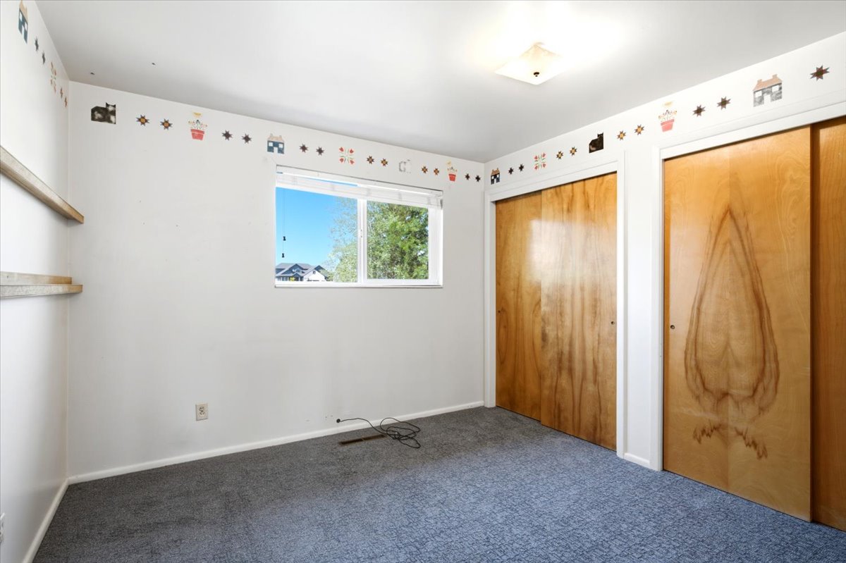 Carpeted room featuring a double window, two wooden sliding closet doors, and built-in wall shelving