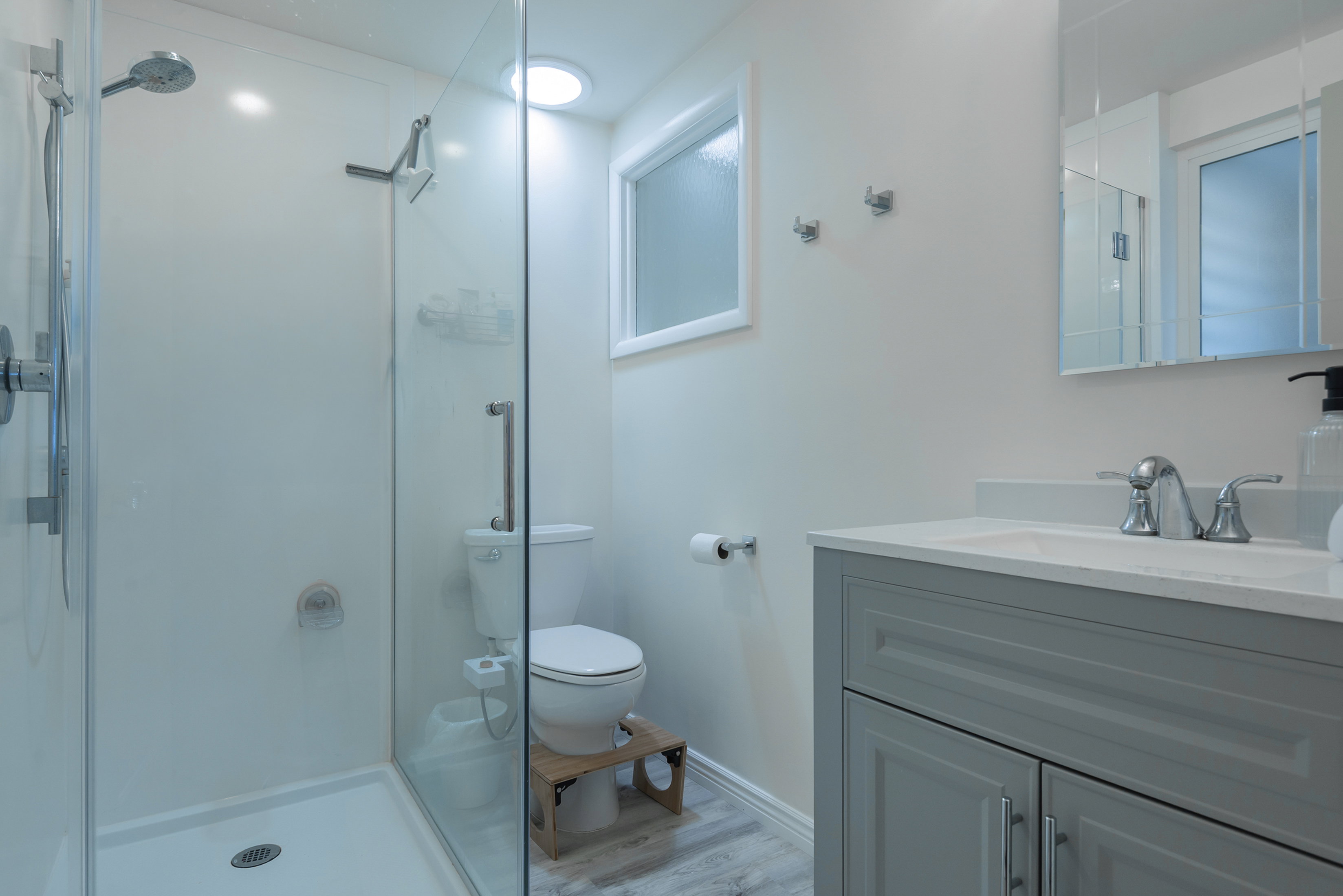 Bathroom featuring a glass-enclosed shower, a circular skylight, a single vanity with a light gray cabinet and white countertop, and wood-finish flooring