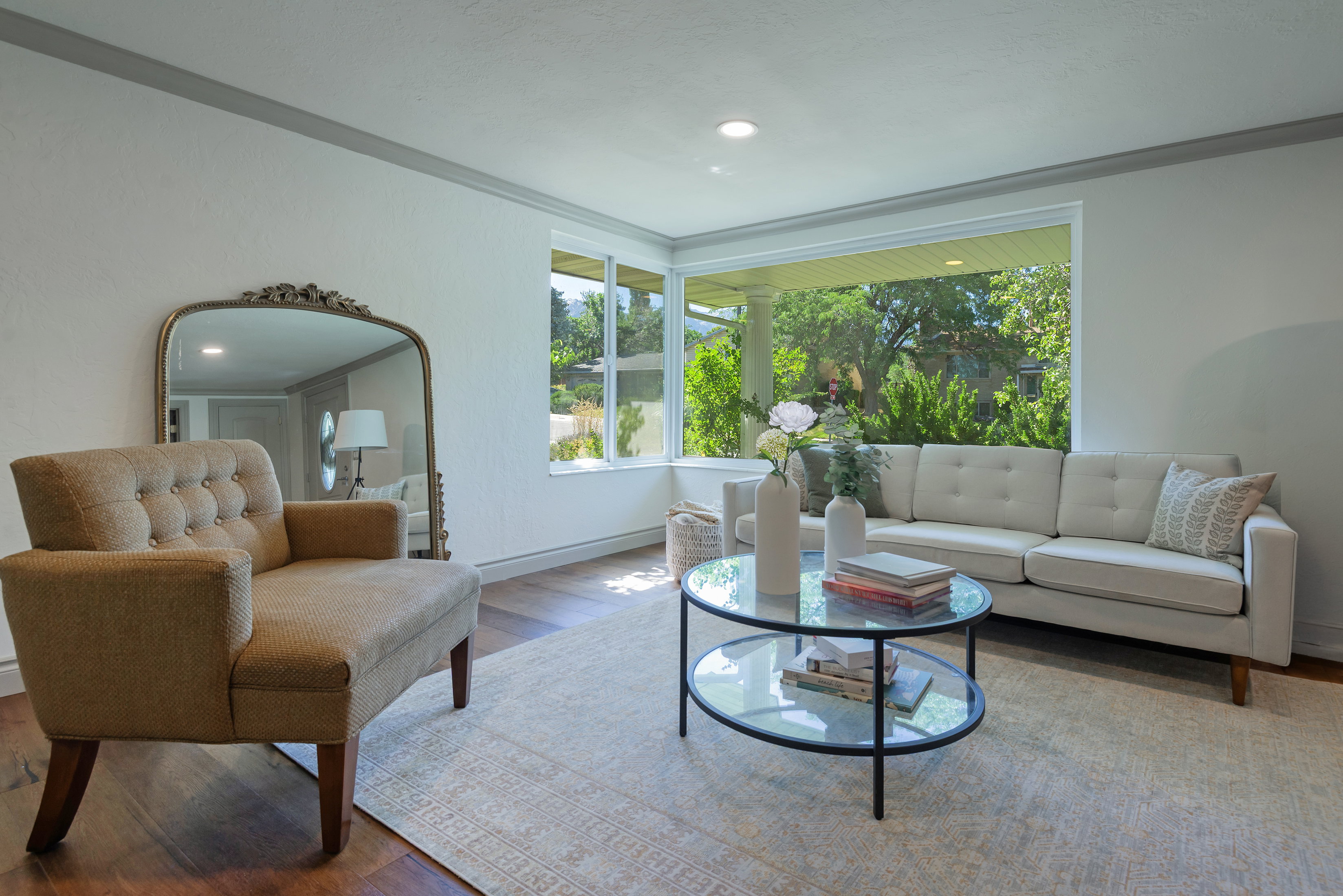 Expansive window overlooking exterior greenery