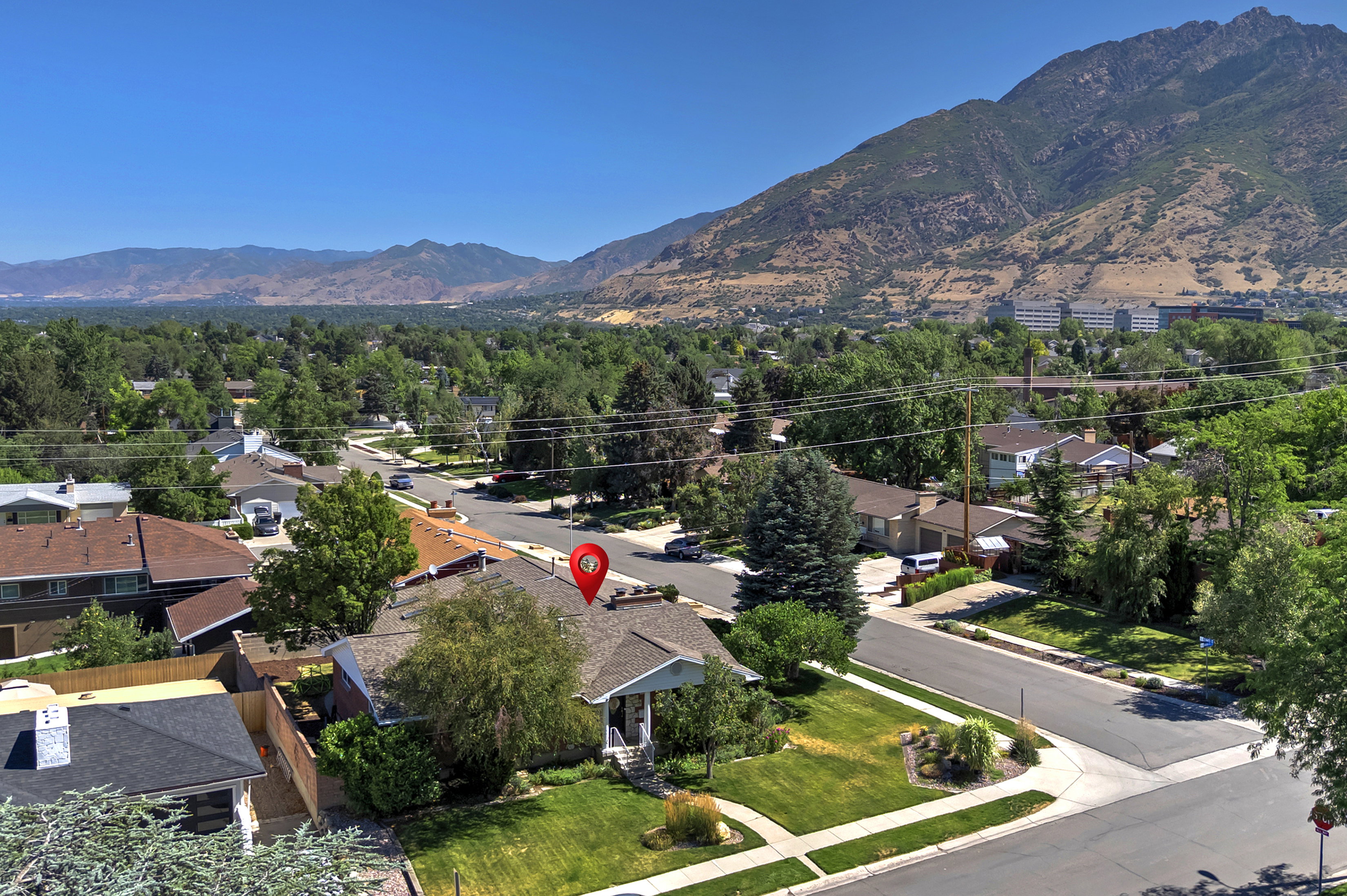 Mountain backdrop with a residential street featuring mature trees and established landscaping