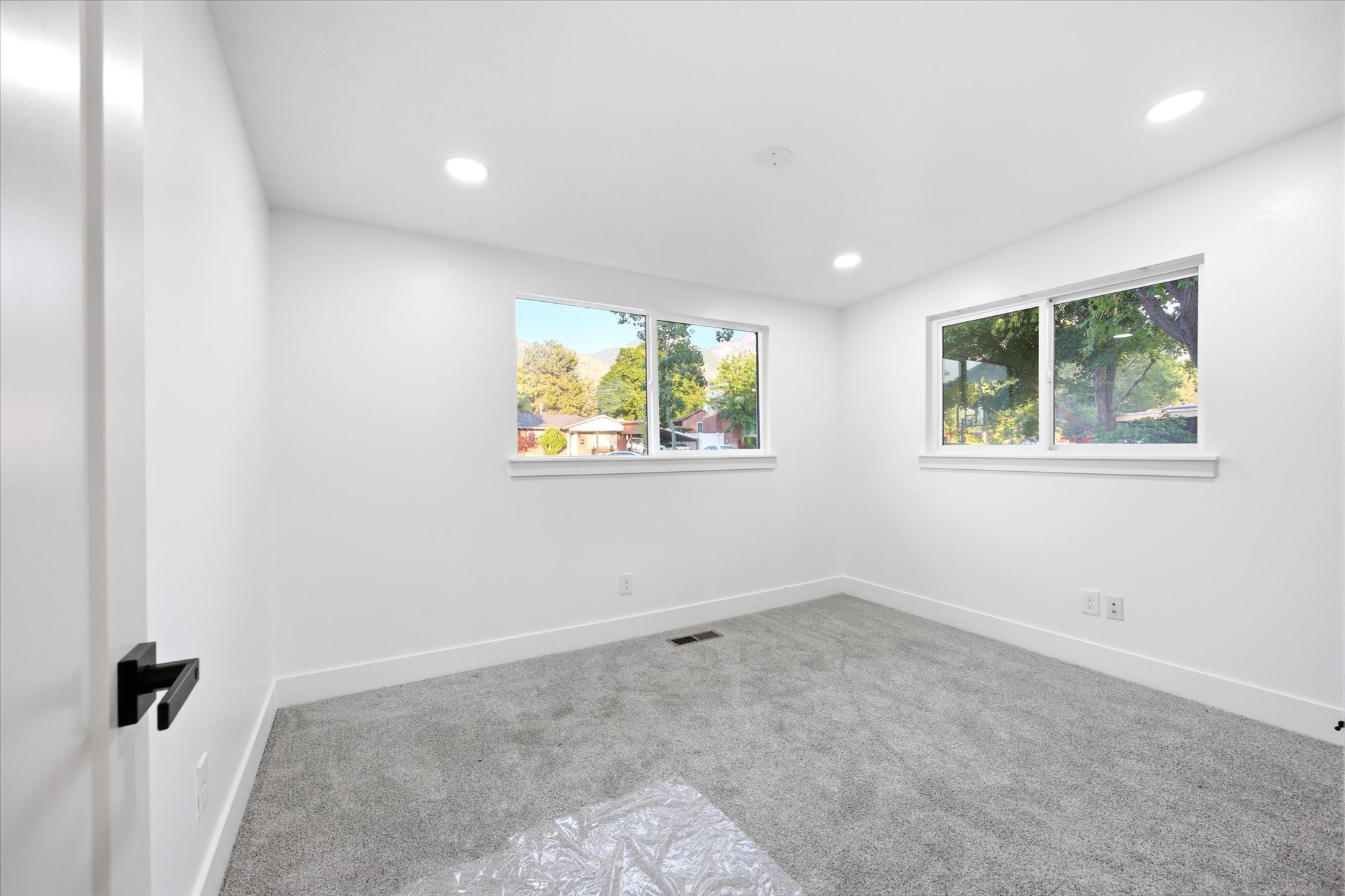 Light-filled room featuring plush gray carpeting, white painted walls, and recessed lighting