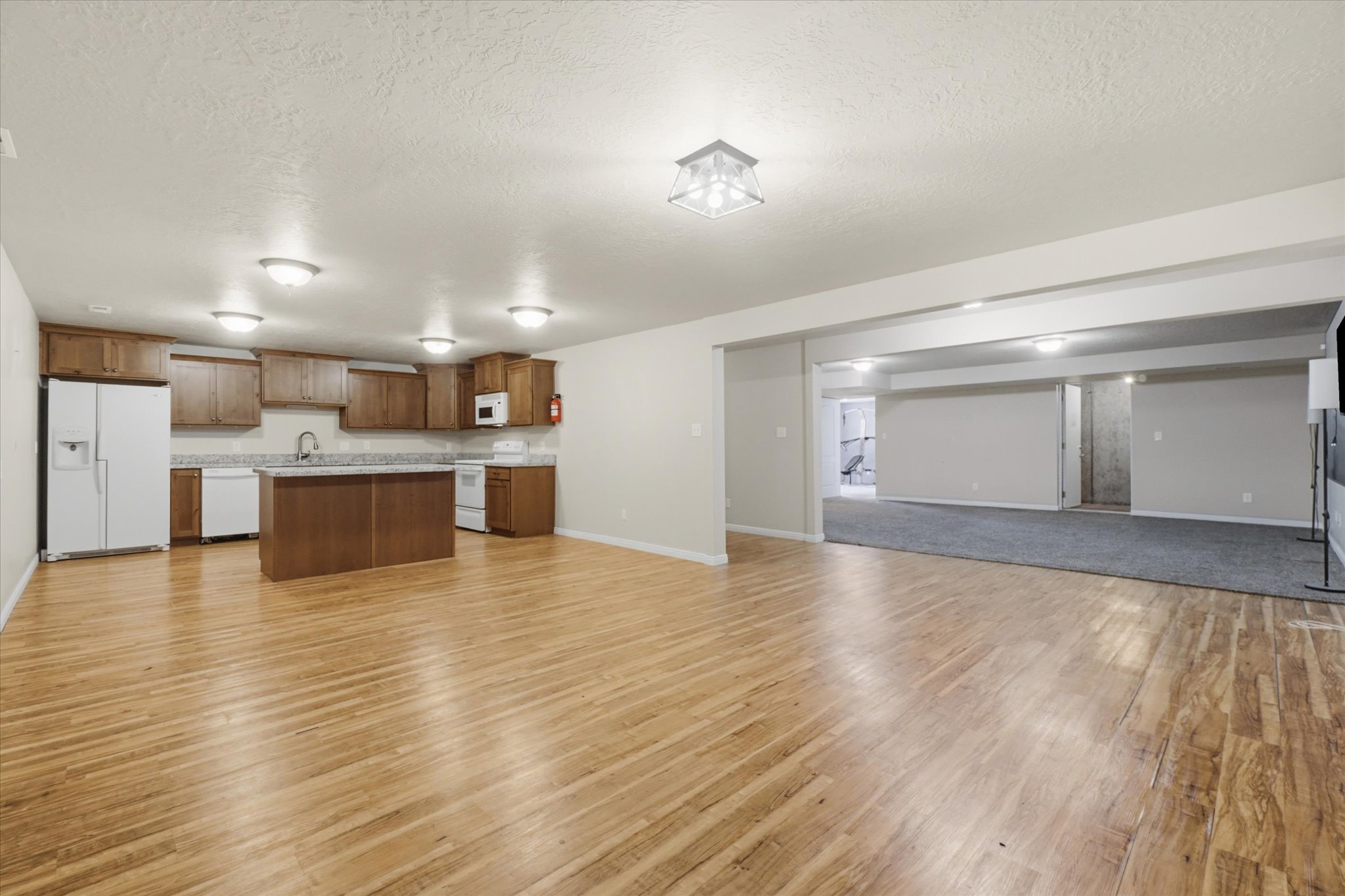 Open-concept living area featuring wood-finish flooring and recessed lighting
