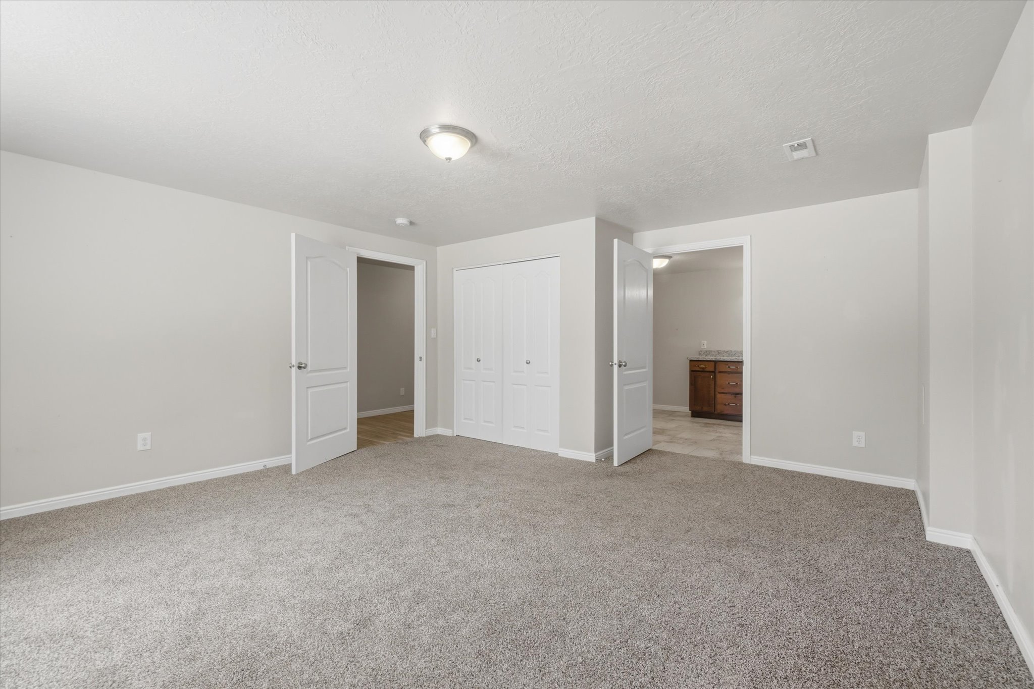 Spacious room featuring neutral carpeting, light-toned walls, and a ceiling-mounted light fixture