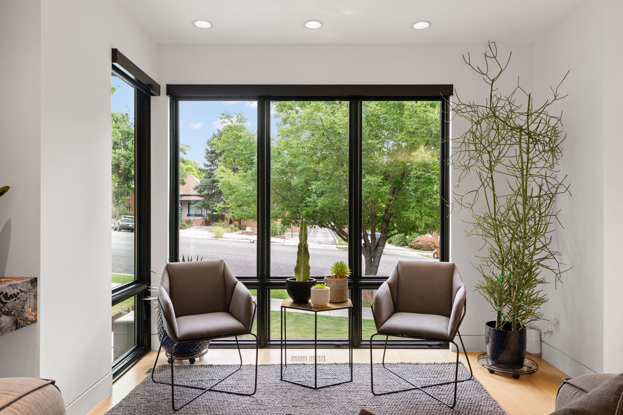 Expansive windows with black frames