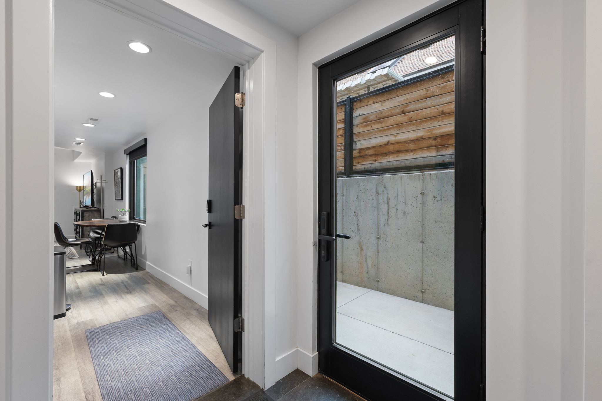Glass-paneled exterior door with matte black framing
