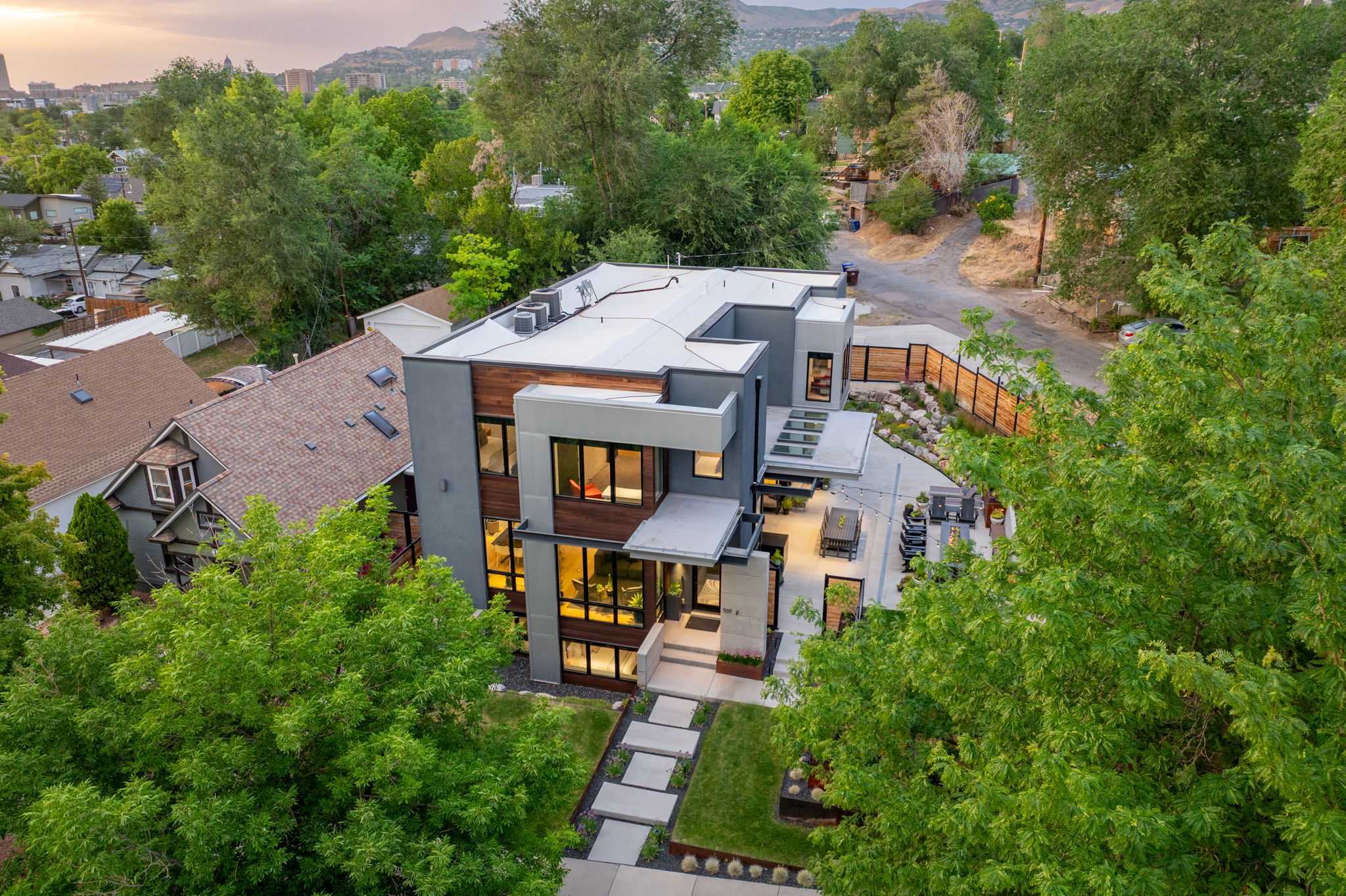 Modern architecture featuring a flat roof and multi-level design